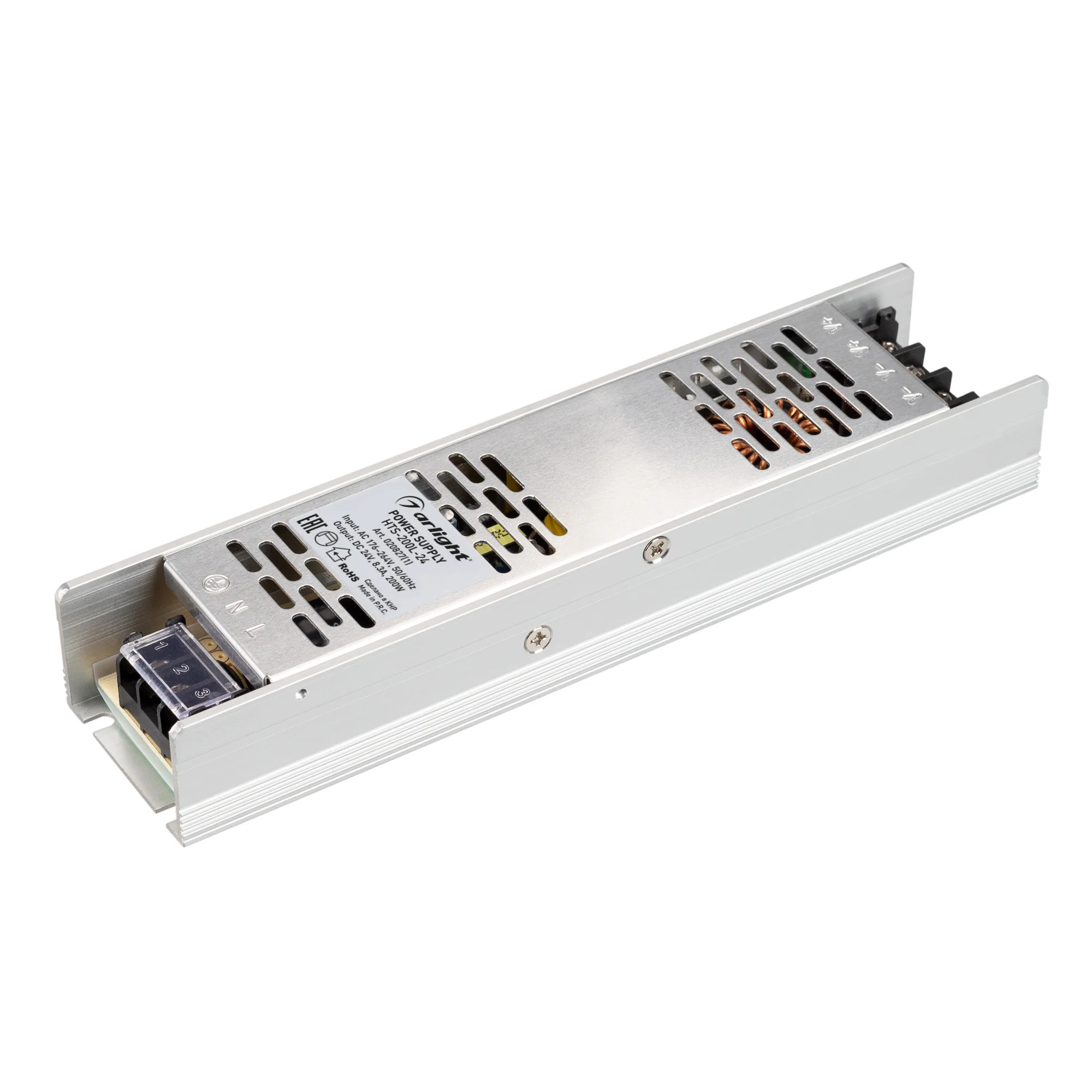 Блок питания HTS-200L-24 (24V, 8.3A, 200W) 020827(1) - Источник напряжения с гальванической развязкой для светодиодных изделий. Входное напряжение 176-264 VAC. Выходные параметры: 24 В, 8.3 А, 200 Вт. Встроенный PFC >0.5. Негерметичный алюминиевый сетчаты