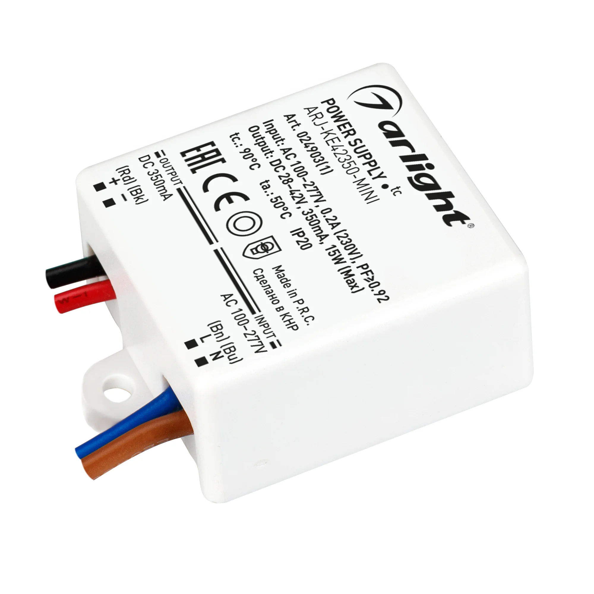 Блок питания ARJ-KE42350-MINI (15W, 350mA, PFC) 024903(1) - Источник тока с гальванической развязкой для светильников и мощных светодиодов. Входное напряжение 100-277 VAC. Выходные параметры: 28-42 В, 350 mА, 15 Вт. Встроенный PFC >0.92. Негерметичный пла