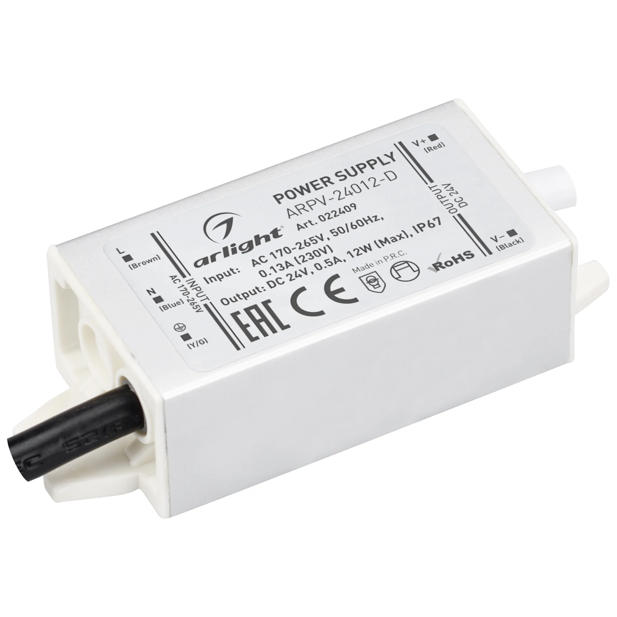 Блок питания ARPV-24012-D (24V, 0.5A, 12W) 022409 - Источник напряжения с гальванической развязкой для светодиодных изделий. Входное напряжение 170-265 VAC. Выходные параметры: 24 В, 0,5 А, 12 Вт. Встроенный PFC >0,5. Герметичный алюминиевый корпус IP 67.