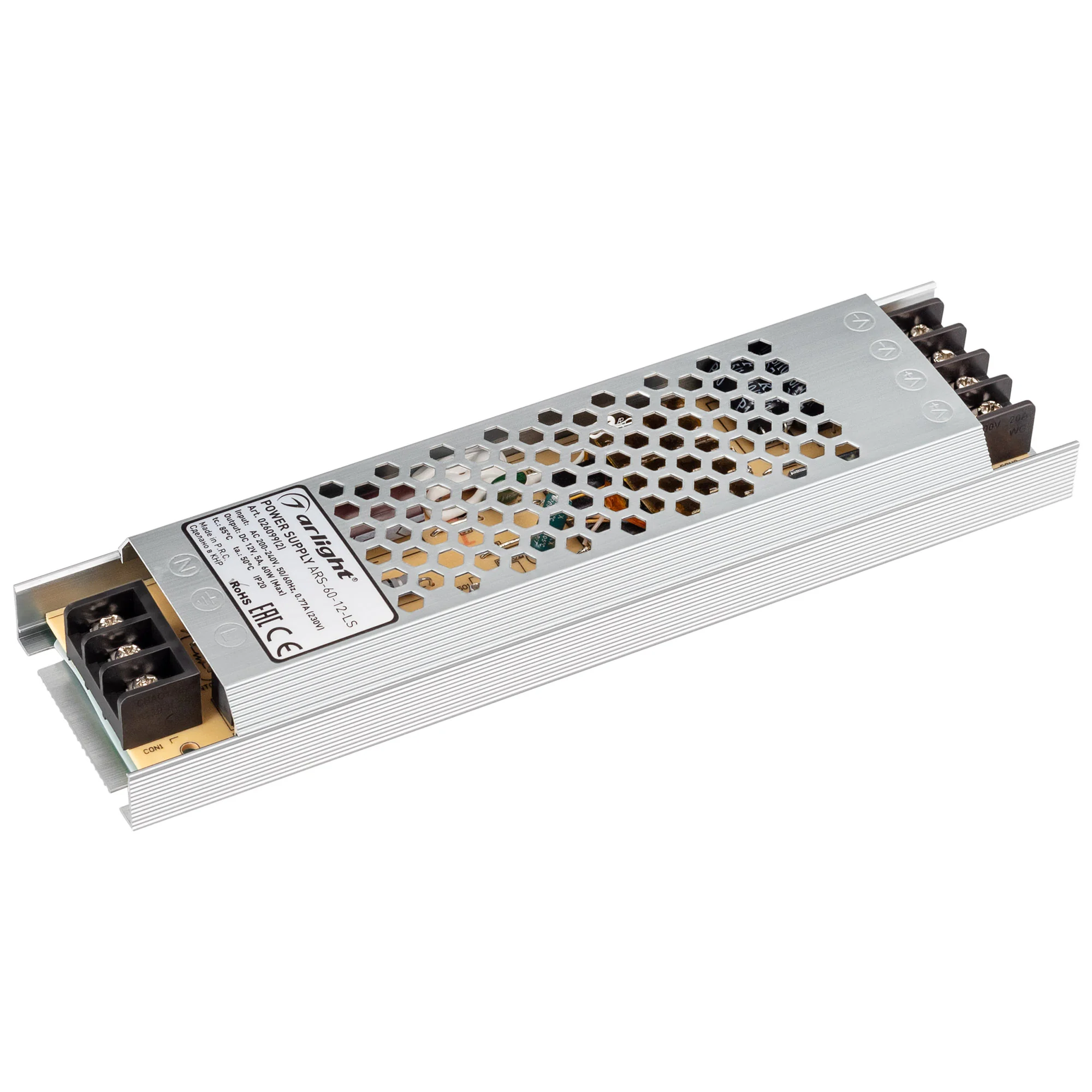 Блок питания ARS-60-12-LS (12V, 5A, 60W) 026099(2) - Источник напряжения с гальванической развязкой для светодиодных изделий. Входное напряжение 200-240 VAC. Выходные параметры: 12 В, 5 А, 60 Вт. Встроенный PFC >0,5. Негерметичный алюминиевый сетчатый кор