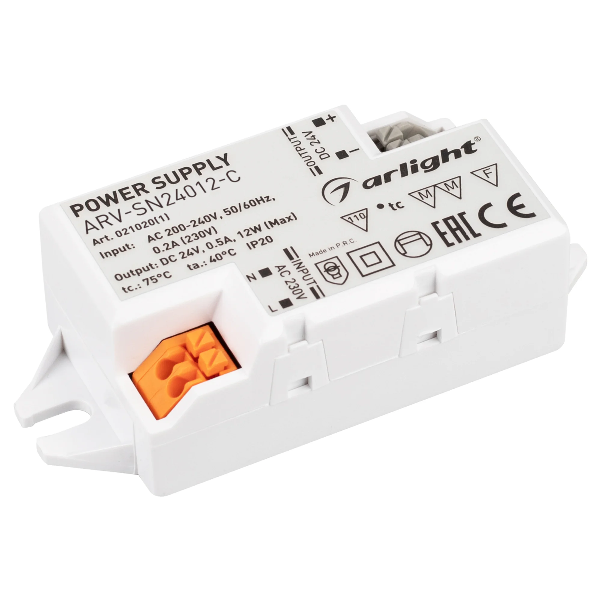 Блок питания ARV-SN24012-C (24V, 0.5A, 12W) 021020(1) - Источник напряжения с гальванической развязкой для светодиодных изделий. Входное напряжение 200-240 VAC. Выходные параметры: 24 В, 0.5 А, 12 Вт. Встроенный PFC >0.5. Негерметичный пластиковый корпус 