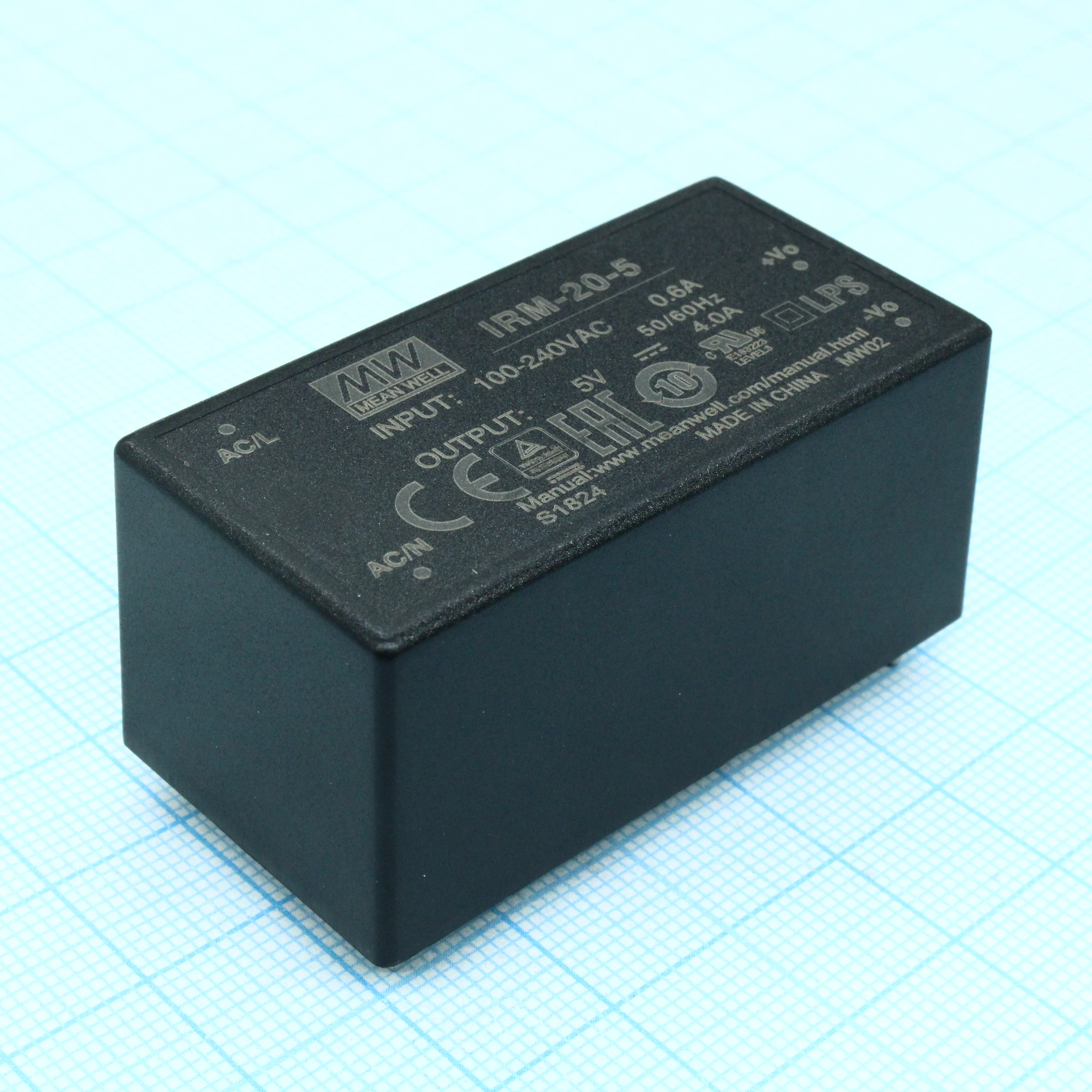 IRM-20-5 - AC-DC, 20 Вт, вход 85...264В AC 47...440 Гц, 120...370B DC, выход 5В/4А, изоляция 3000В AC, в корпусе на плату 52.4x27x24мм, -30...+70°C