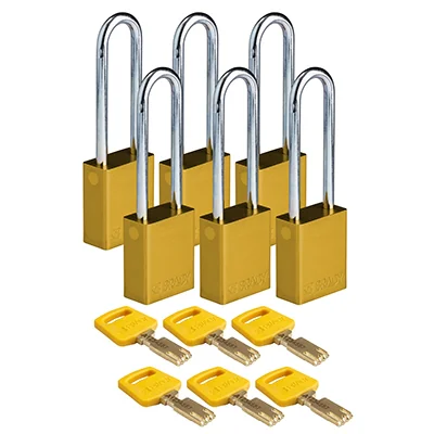 gws150345 - Замки SafeKey алюминиевые со стальной дужкой, высота дужки – 76 мм, диаметр дужки – 6.4 мм, алюминиевый корпус, размеры корпуса – 46х38х19 мм, цвет – желтый, 6 шт/упак