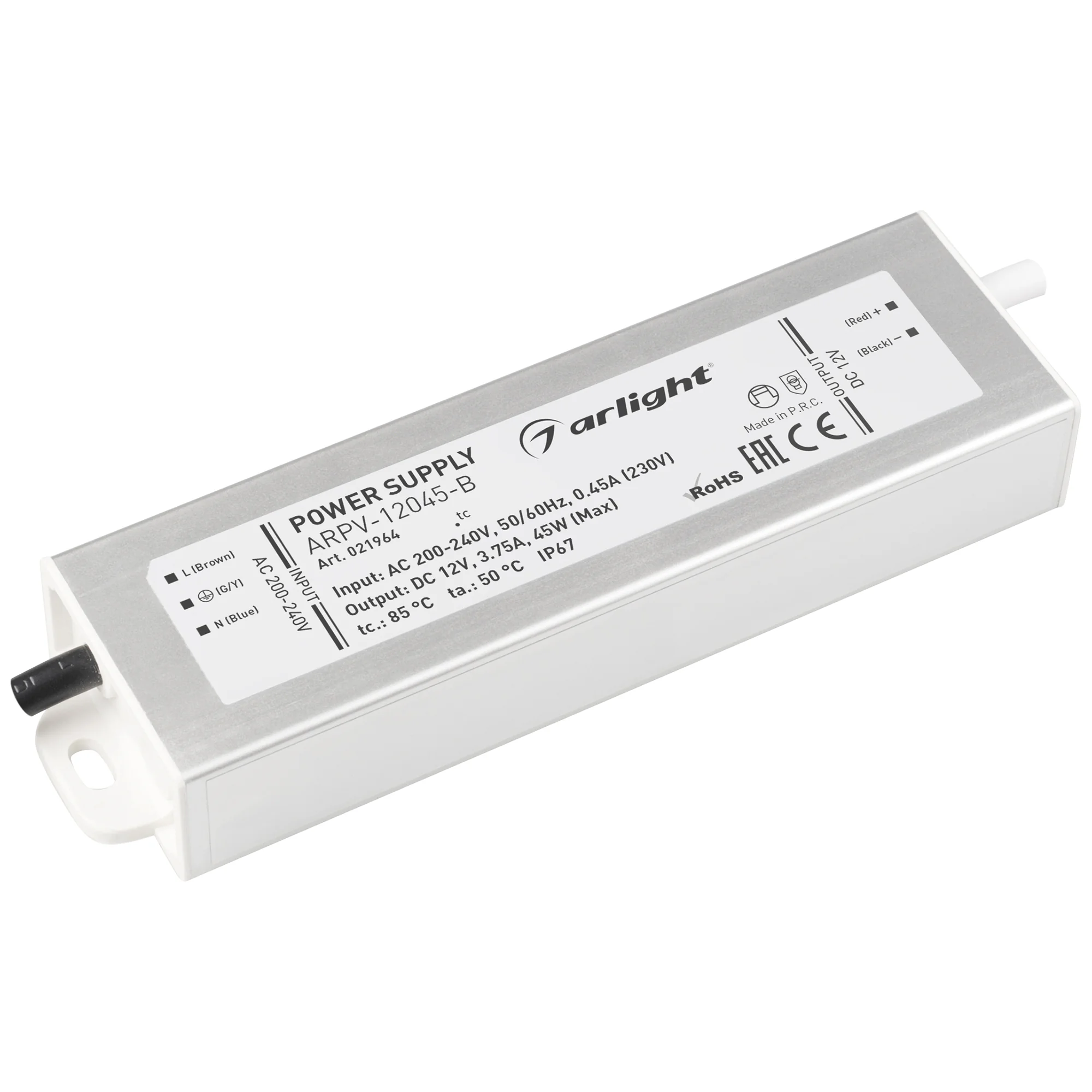 Блок питания ARPV-12045-B (12V, 3.8A, 45W) 021964 - Источник напряжения с гальванической развязкой для светодиодных изделий. Входное напряжение 200-240 VAC. Выходные параметры: 12 В, 3,75 А, 45 Вт. Встроенный PFC >0,5. Герметичный алюминиевый корпус IP 67