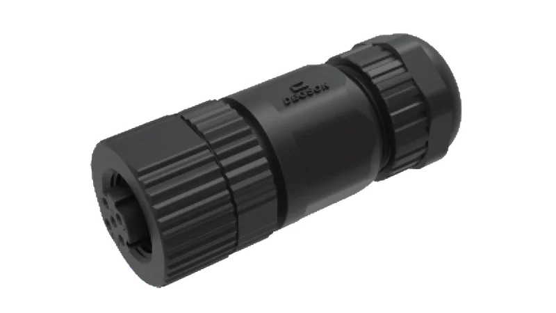 Розеточный разъем PS-M12D-04P-FF-SL7001 - Розеточный разъем на кабель, 4 полюса, M12, прямой, фиксация провода пайкой, D-Code, диаметр кабеля: 4,0-8,0 мм, сечение: 0,25 - 0,52 мм кв., 4А, 250V, корпус из пластика, резьбовой фиксатор разъемного соединения 
