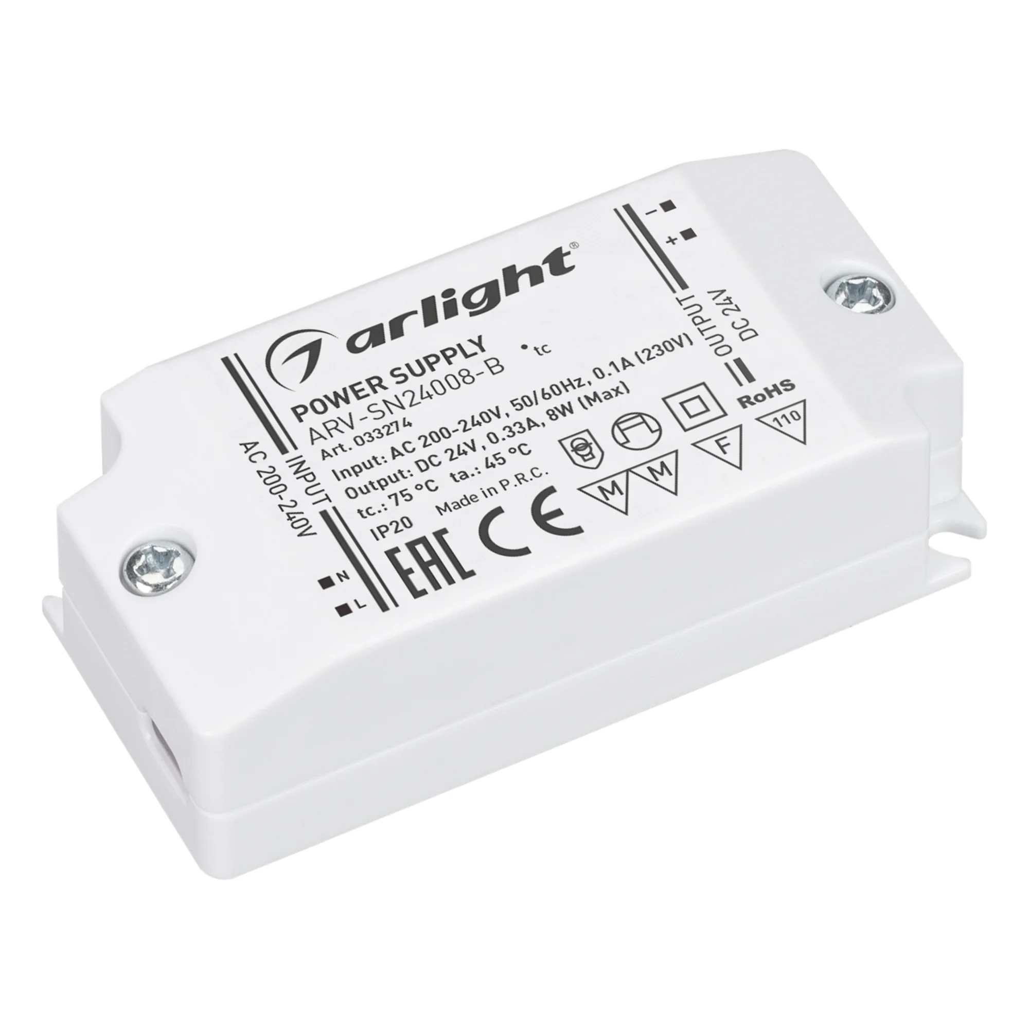 Блок питания ARV-SN24008-B (24V, 0.33A, 8W) 033274 - Источник напряжения с гальванической развязкой для светодиодных изделий. Входное напряжение 200-240 VAC. Выходные параметры: 24 В, 0.33 А, 8 Вт, PF>0,5. Негерметичный пластиковый корпус IP 20. Габаритны