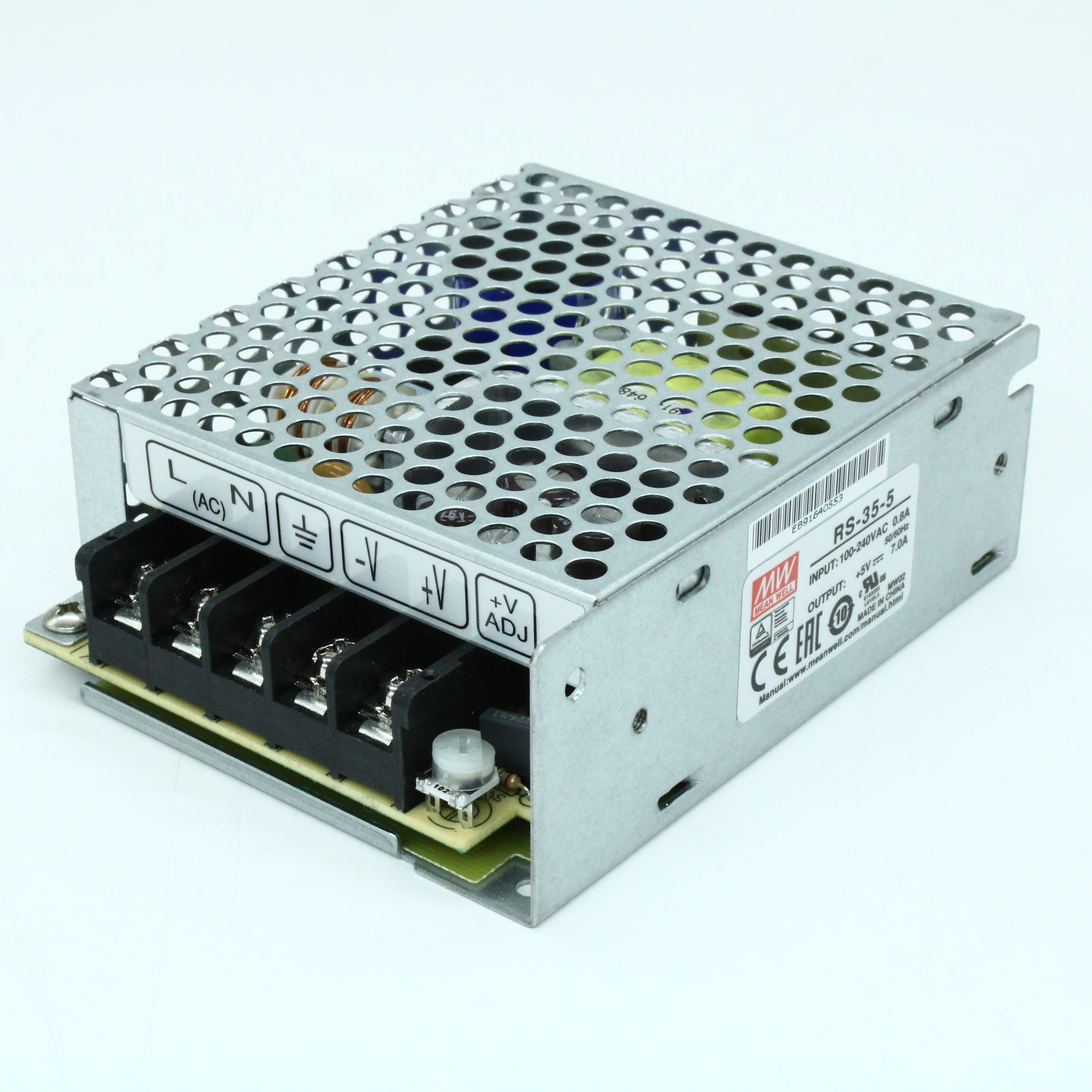 RS-35-5 - AC-DC, 35Вт, выход 5В/7A, рег. вых 4.5…5.5 В , вход 88…264В AC, 47…63Гц / 125…373 В DC,  изоляция 3000В AC, в кожухе 99х82х35мм, -25…+70°С