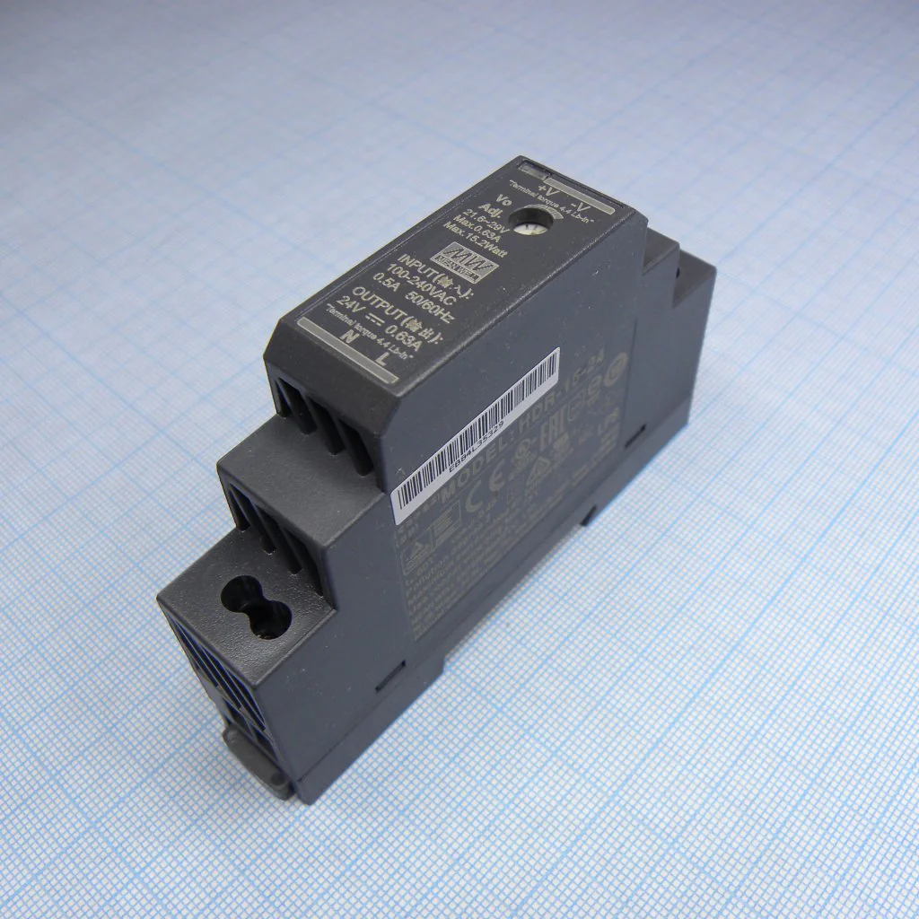 HDR-15-24 - AC-DC, 15.2Вт, вход 85...264 В AC 47...63Гц/120...370В DC, выход 24В/0.63А, изоляция 3000В AC, в кожухе на DIN-рейку, 17.5х90х54.5мм, -30...+70°С
