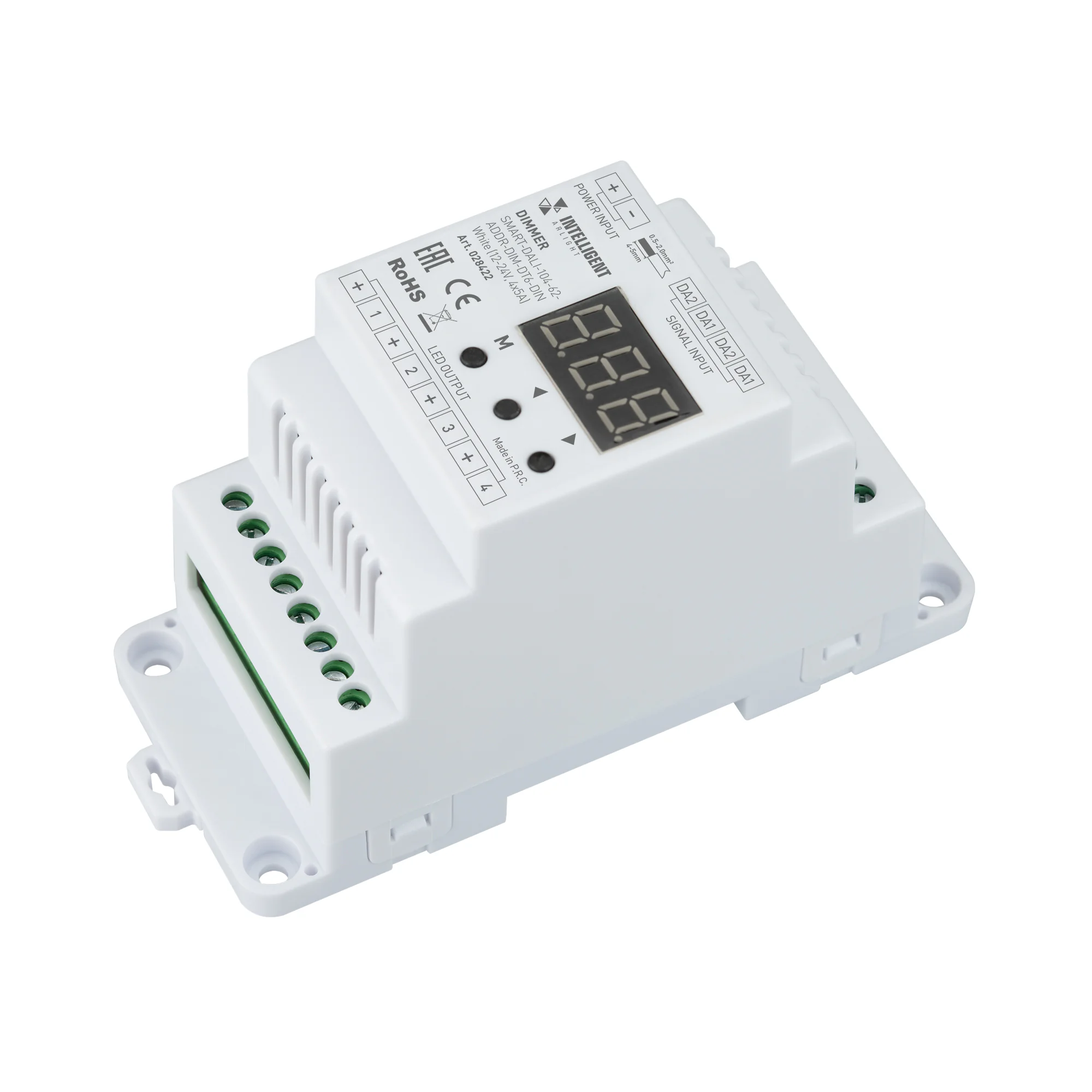INTELLIGENT ARLIGHT Диммер SMART-DALI-104-62-ADDR-DIM-DT6-DIN White (12-24V, 4x5A) 028422 - Диммер DALI (DT6) для RGBW светодиодных лент. 4 адреса устройства, 4 канала управления. Питание/выход DC 12-24V, ток нагрузки 4x5A, максимальная суммарная мощность