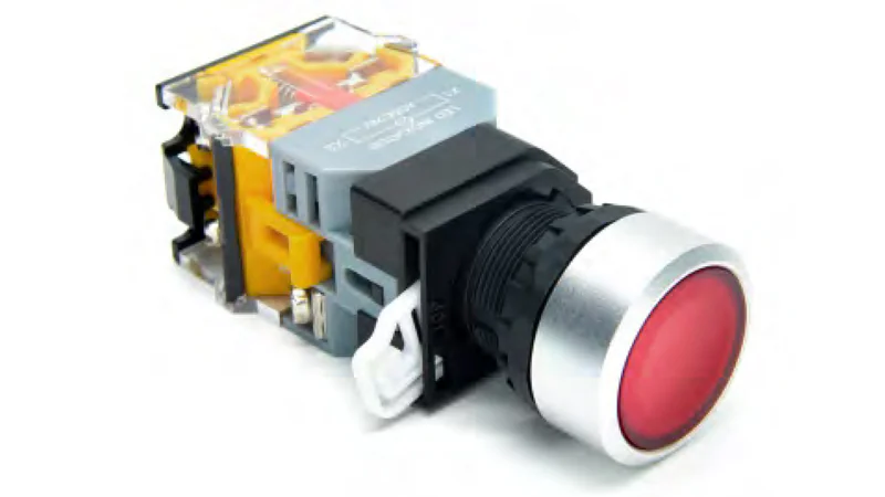 Кнопка  DT22M-FLD11/RDAC/DC24 - Кнопка управления в сборе, с блокировкой, 24 - 380VAC / DC, 0,6 - 10A, с подсветкой, 24VDC, низкая, 1NO1NC, цвет: красный, диаметр отверстия: 22 мм, металлическая обойма кнопки