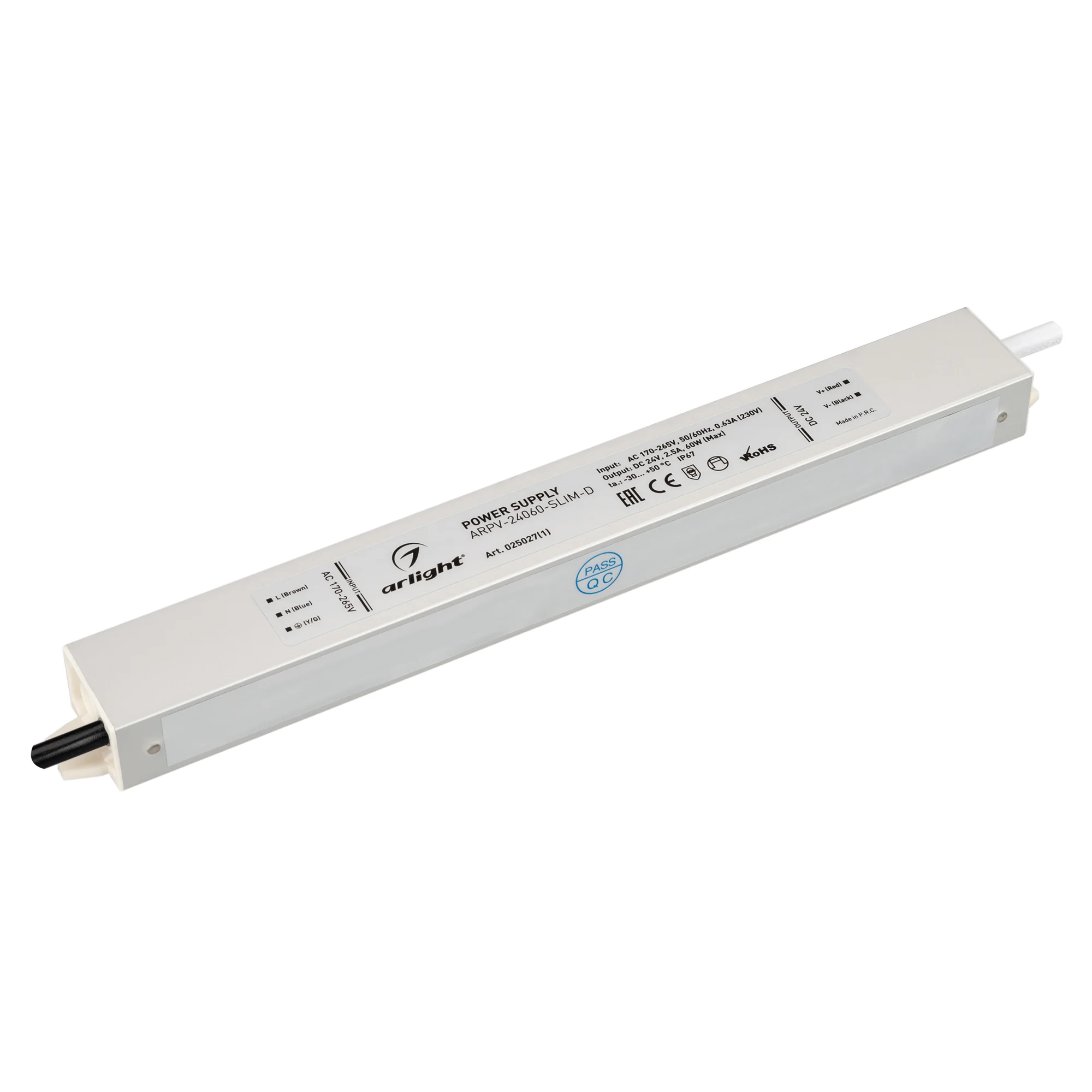 Блок питания ARPV-24060-SLIM-D (24V, 2.5A, 60W) 025027(1) - Источник напряжения с гальванической развязкой для светодиодных изделий. Входное напряжение 170-265 VAC. Выходные параметры: 24 В, 2,5 А, 60 Вт. Встроенный PFC >0,5. Герметичный алюминиевый корпу