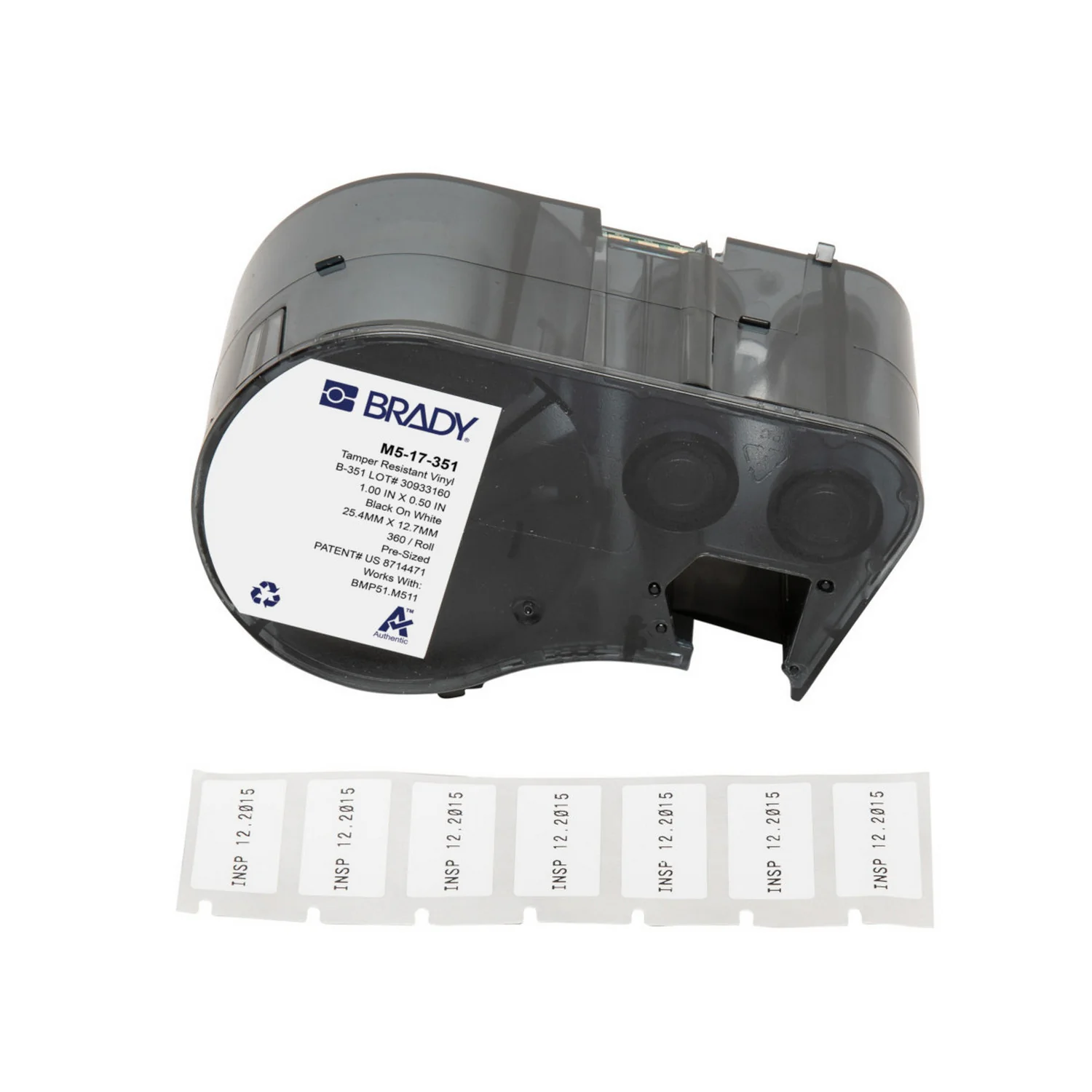brd170856 - M5-17-351 этикетки, материал В-351, винил контроля вскрытия, размер 25.4х12.7мм, цвет-черный на белом, 360 шт. в упак. (BMP51, M510, M511)