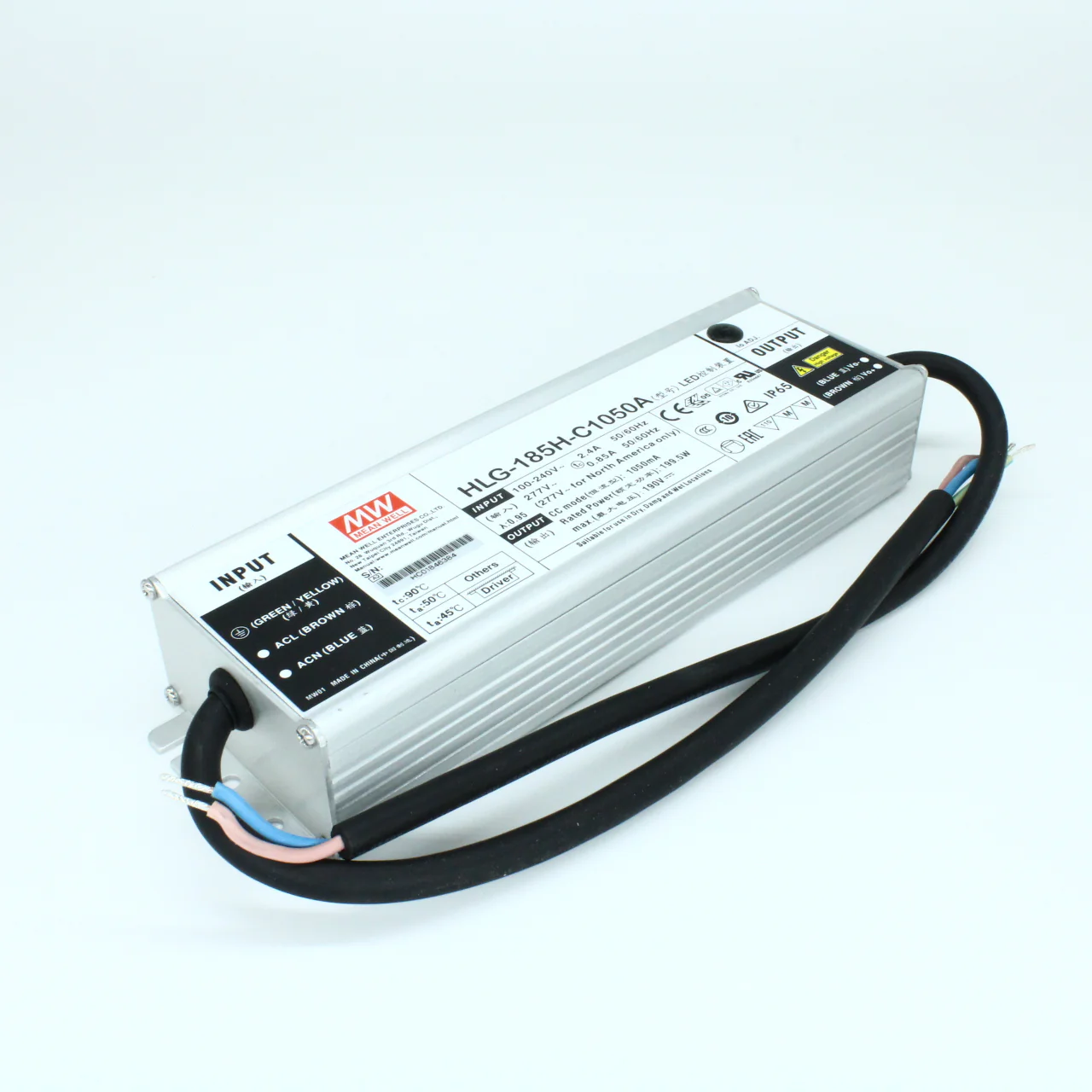 HLG-185H-C1050A - AC-DC, 200Вт, IP65, вход 90…305В AC, 47…63Гц/127…431В DC, ККМ, выход 95…190В/1050мА, рег. выход 525…1050мА, изоляция 3750В AC, в кожухе 228х68х39, -40…+70°С