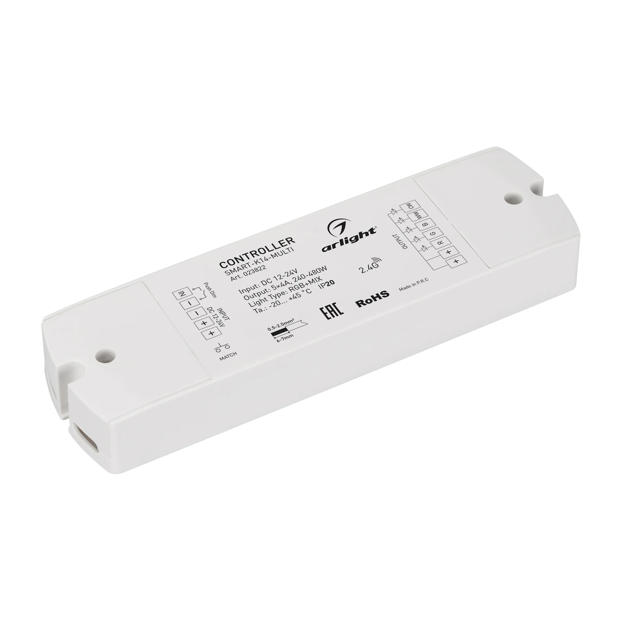 Контроллер SMART-K14-MULTI (12-24V, 5x4A, RGB-MIX, 2.4G) 023822 - СМЕШИВАЕТ RGB И БЕЛЫЙ ЦВЕТ. Многофункциональный 5-канальный контроллер для светодиодной RGB и MIX лент и модулей (ШИМ). Питание/рабочее напряжение 12-24VDC, максимальный ток 4A на канал, 5 