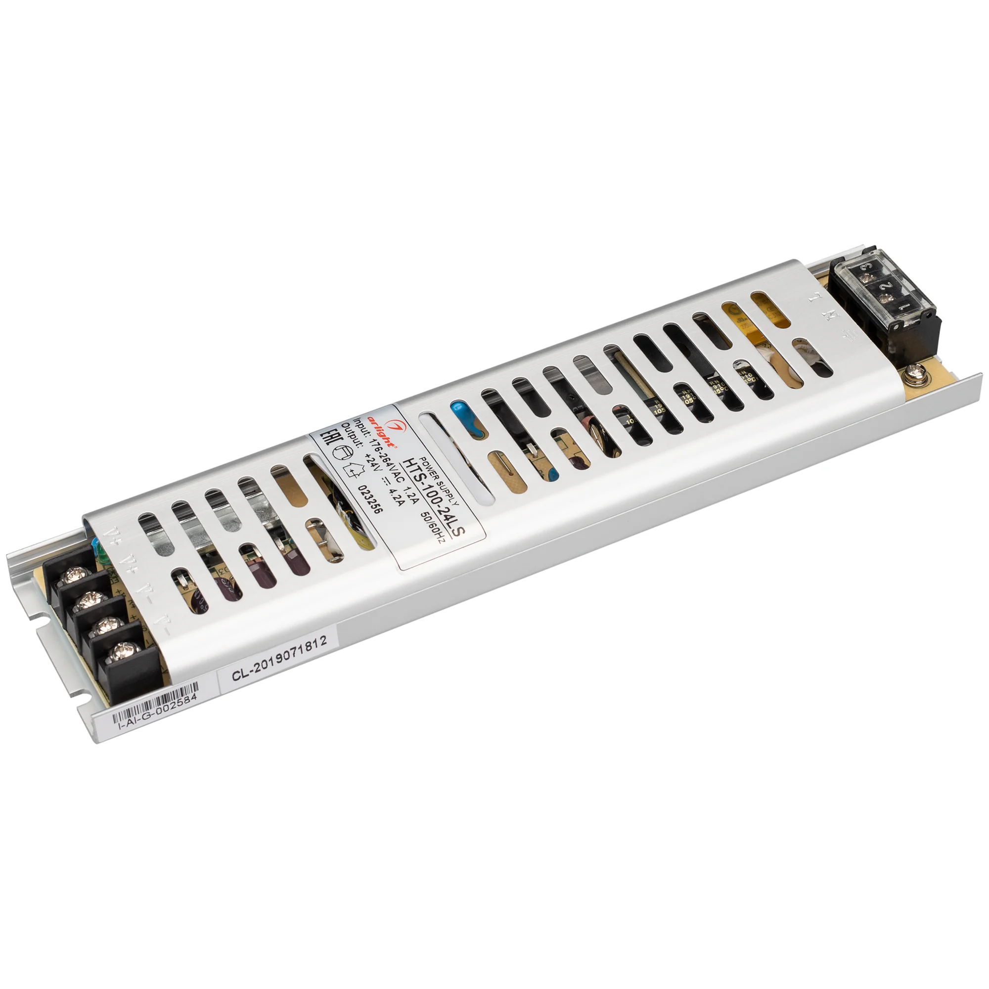 Блок питания HTS-100-24-LS (24V, 4,2A, 100W) 023256 - Источник напряжения с гальванической развязкой для светодиодных изделий. Входное напряжение 180-264 VAC. Выходные параметры: 24 В, 4,2 А, 100 Вт. Встроенный PFC >0,5. Негерметичный алюминиевый сетчатый