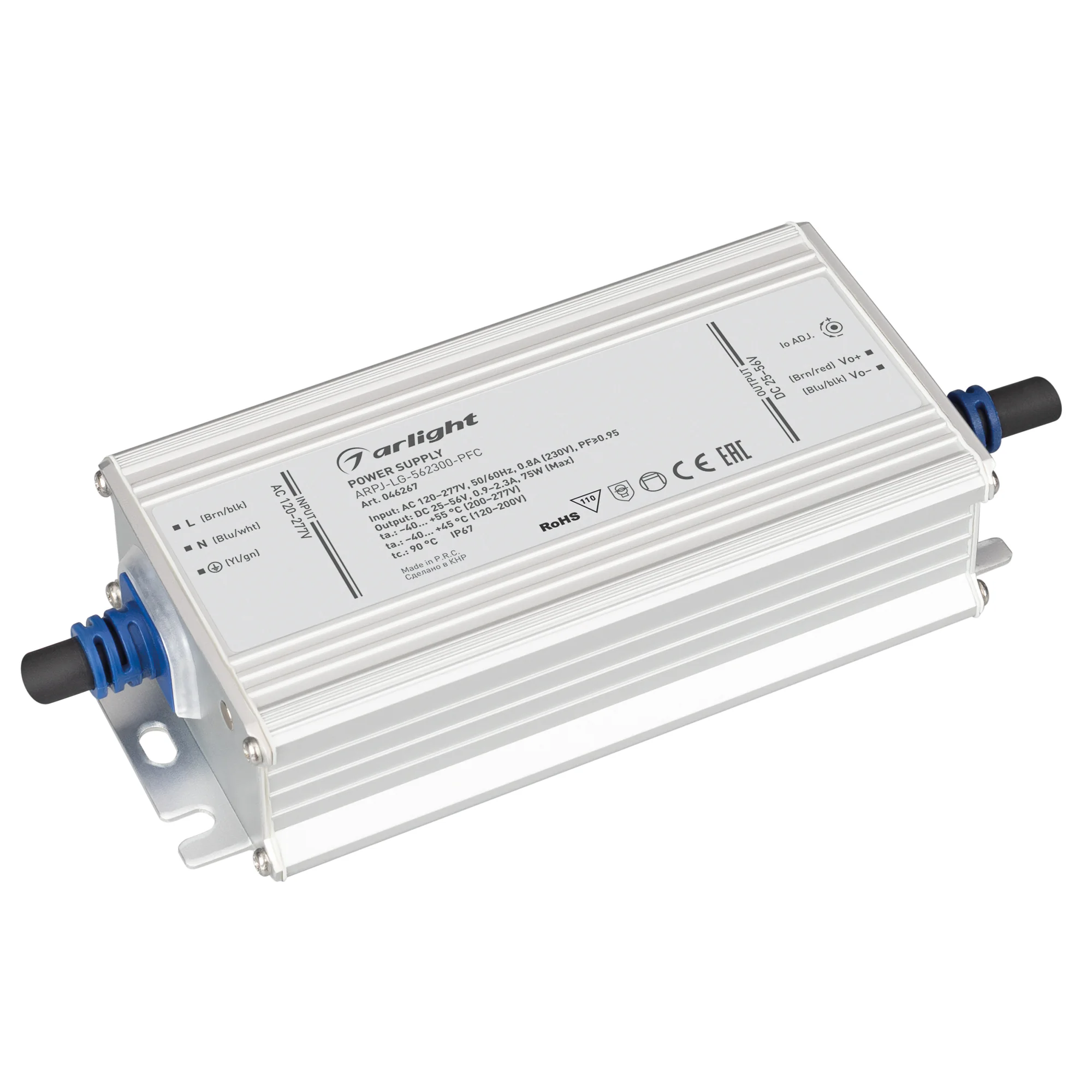 Блок питания ARPJ-LG-562300-PFC (75W, 25-56V, 0.9-2.3A) 046267 - Источник тока с гальванической развязкой для светильников и мощных светодиодов. Входное напряжение 120-277 VAC. Выходные параметры: 25-56 В, 900-2300mА (регулировка встроенным потенциометром