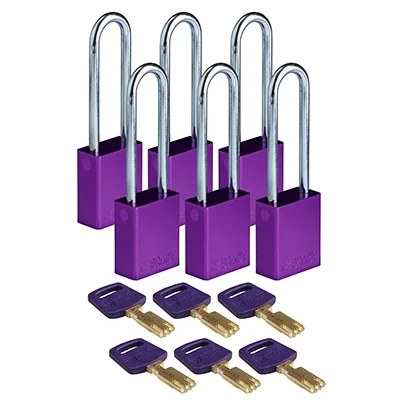 gws150358 - Замки SafeKey алюминиевые со стальной дужкой, высота дужки – 76 мм, диаметр дужки – 6.4 мм, алюминиевый корпус, размеры корпуса – 46х38х19 мм, цвет – фиолетовый, 6 шт/упак