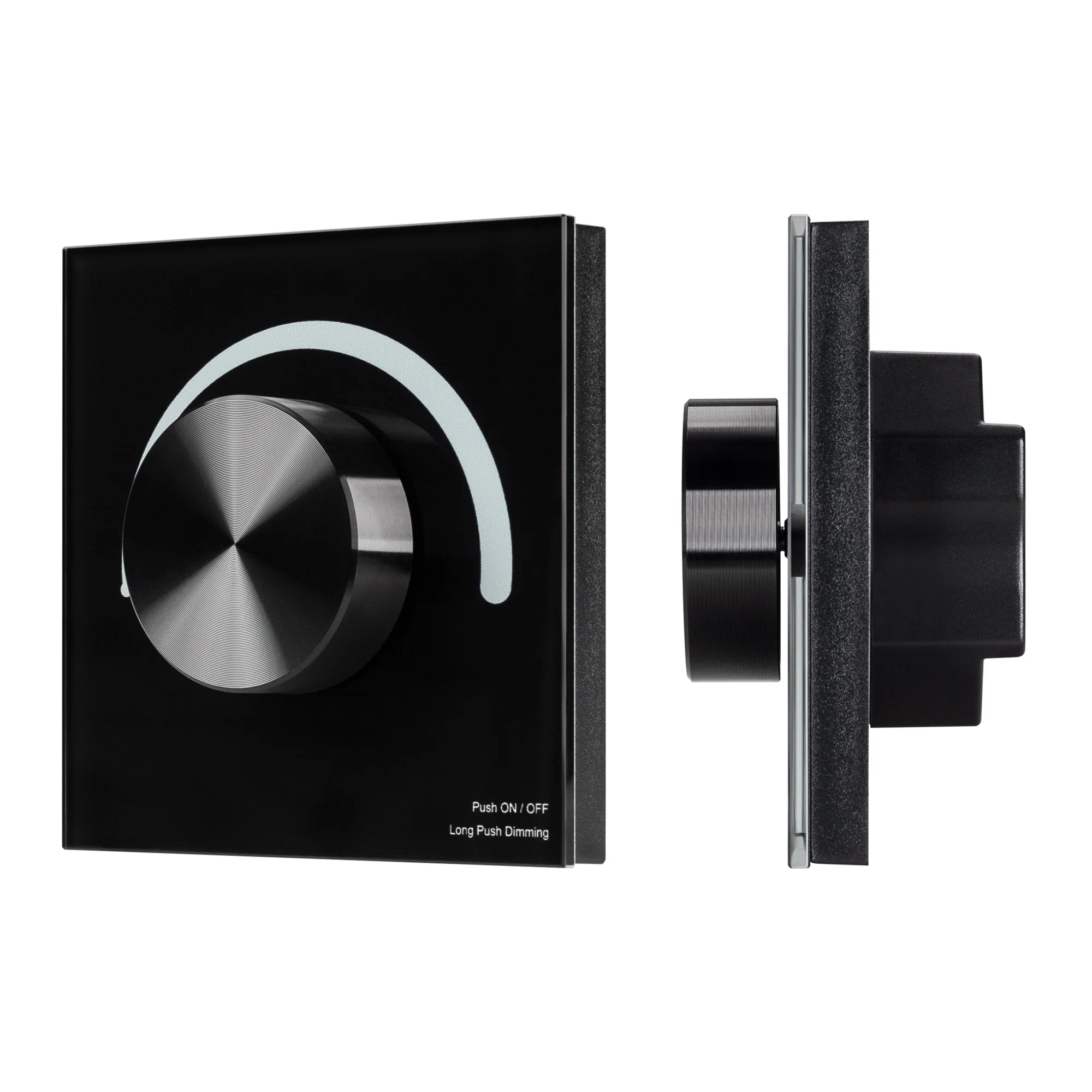 Панель SMART-P91-DIM-G-SUF Black (230V, Rotary, 2.4G) 028425 - Встраиваемая роторная стеклянная панель 2.4 ГГц, цвет чёрный. Для управления яркостью с помощью роторного вращателя. Питание/рабочее напряжение 230AC, 1 зона управления. Функция управления DMX