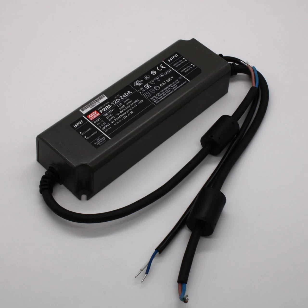 PWM-120-24DA - AC-DC, 120Вт, ККМ, IP67, вход 90…305В AC, 47…63Гц, выход 24В/5А, изоляция 3750В AC, в кожухе 191х63х37.5мм, -40…+70°С, димминг DALI, выход: стабилизированное напряжение с ШИМ