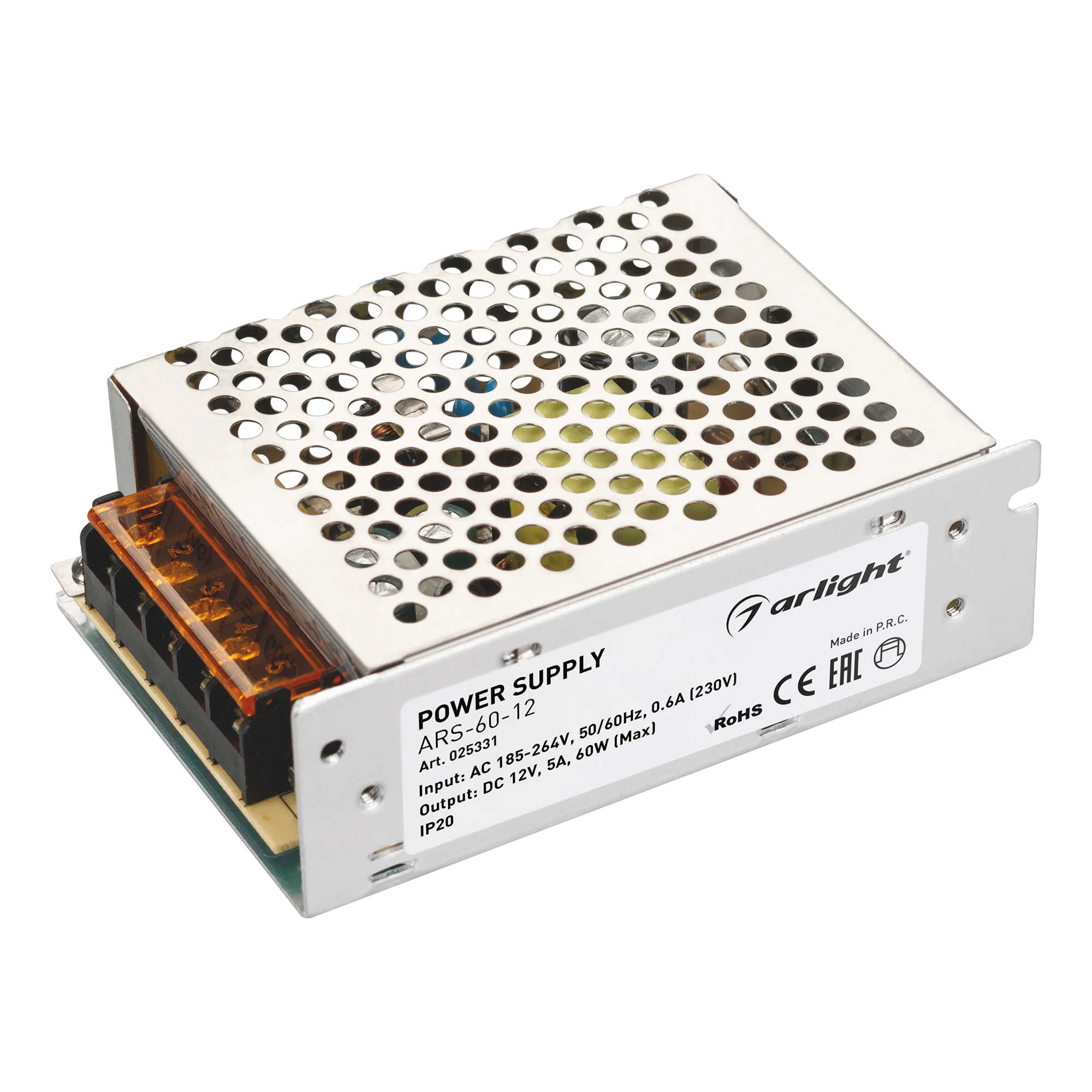 Блок питания ARS-60-12 (12V, 5A, 60W) 025331 - Источник напряжения с гальванической развязкой для светодиодных изделий. Входное напряжение 185-264 VAC. Выходные параметры: 12 В, 5 А, 60 Вт. Встроенный PFC >0,5. Негерметичный алюминиевый сетчатый корпус IP
