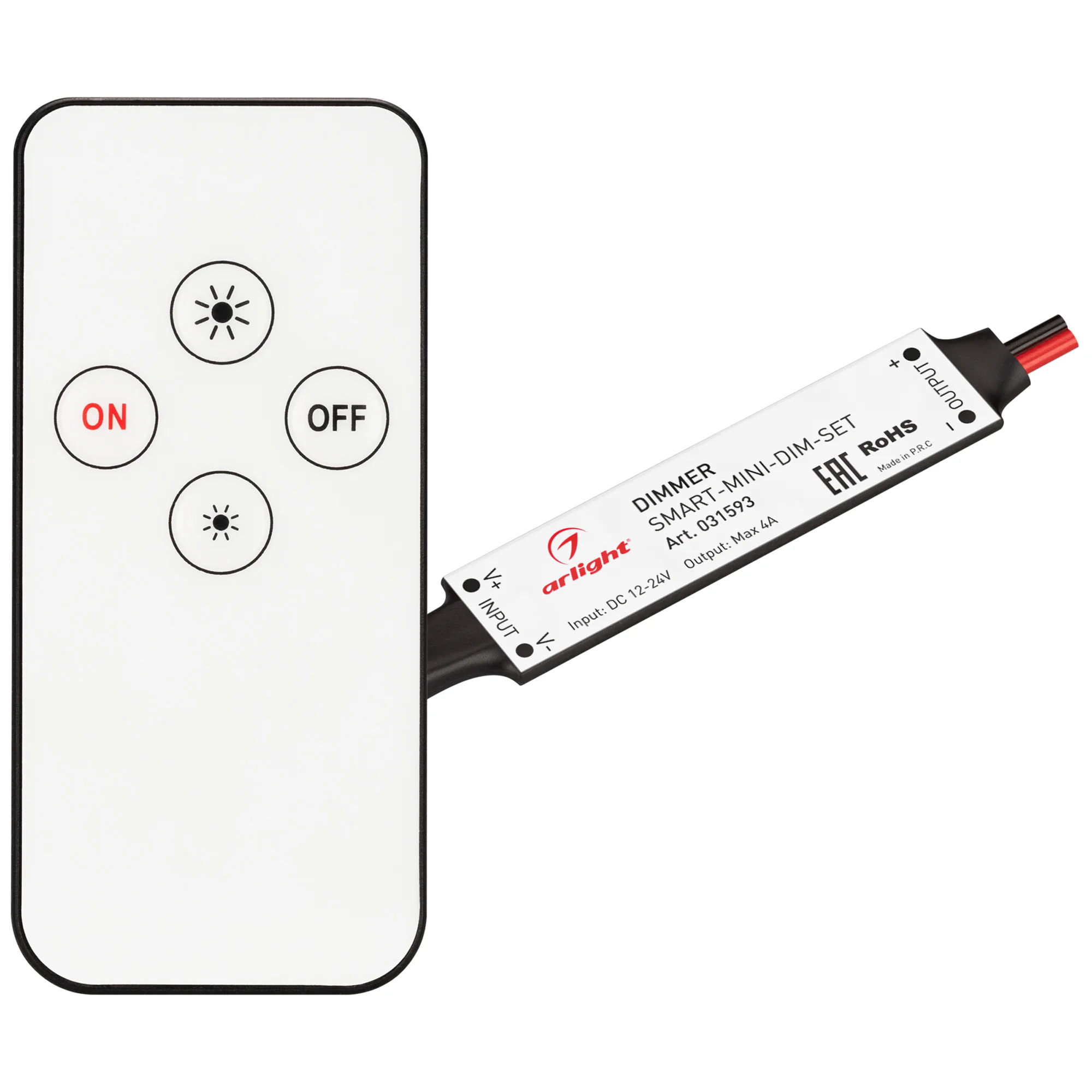 Диммер SMART-MINI-DIM-SET (12-24V, 1x4A, ПДУ 4кн, IR) 031593 - Комплект миниатюрного диммера с ИК-пультом для монохромной светодиодной ленты (ШИМ). Питание/рабочее напряжение 12-24VDC, максимальный ток 4A на канал, 1 канал, максимальная мощность 48-96W. И