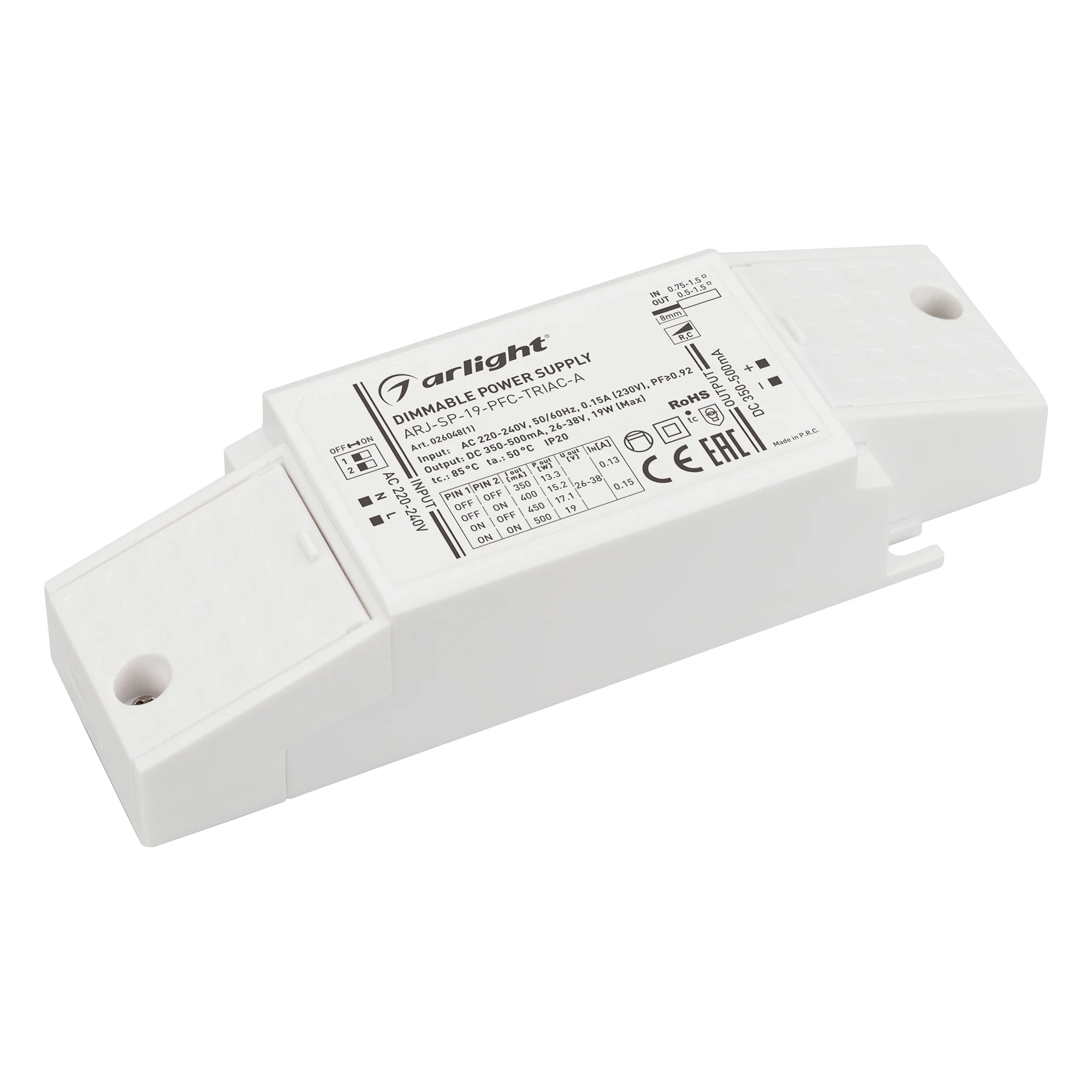 Блок питания ARJ-SP-19-PFC-TRIAC-INS (19W, 26-38V, 0.35-0.5A) 026048(1) - Диммируемый источник тока по стандарту TRIAC с гальванической развязкой для светильников и мощных светодиодов. Входное напряжение 220-240 VAC. Выходные параметры: 26-38В (350-500мА)