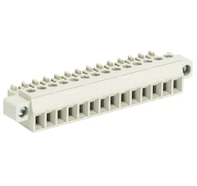 Розетка Wiecon 8813 B / 14 F - Розеточный разъем, угловой, на кабель, с монтажными фланцами, шаг 3,81 мм, 14 полюсов, номинальное сечение: 1,5 мм кв., винтовая фиксация провода, 250V, 8А, с маркировкой, цвет: серый, серия 8813 B