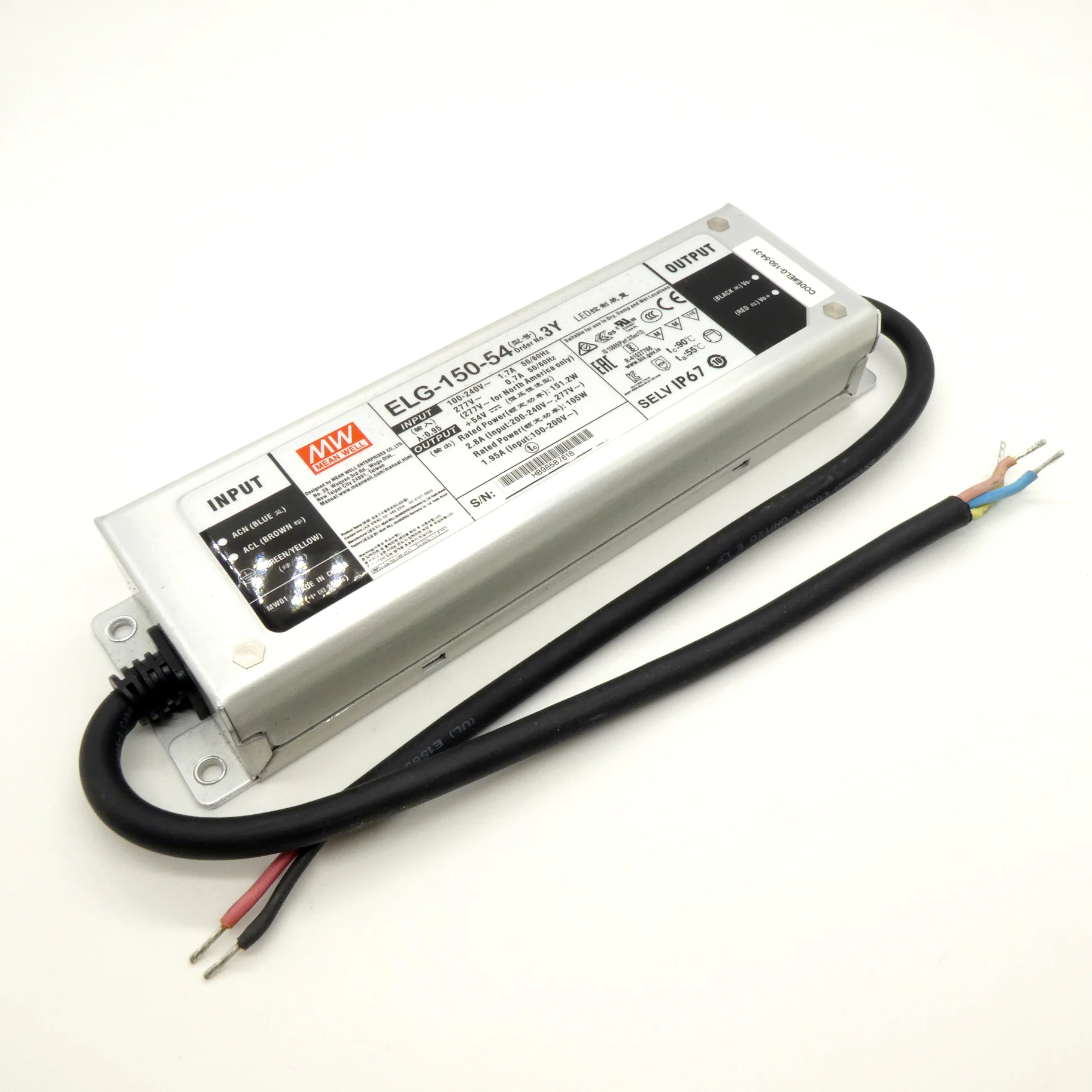 ELG-150-54-3Y - AC-DC, 151,2Вт, IP67, вход 100…305В AC, 47…63Гц/142…431В DC, ККМ, выход 27...54В/2,8А, изоляция 3750В AC, в кожухе 219х63х35,5мм, -40…+70°С, провод заземления