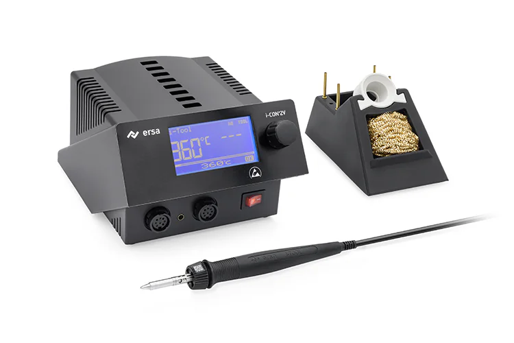 0IC2205VC - Двухканальная антистатическая микропроцессорная паяльная станция i-CON 2V MK2 с паяльником i-TOOL MK2, 150Вт, с регулировкой температуры 150°С-450°С, паяльник i-TOOL MK2 (0105CDJ) с наконечником 0142CDLF16, термопинцет CHIP TOOL VARIO 0460MDJ