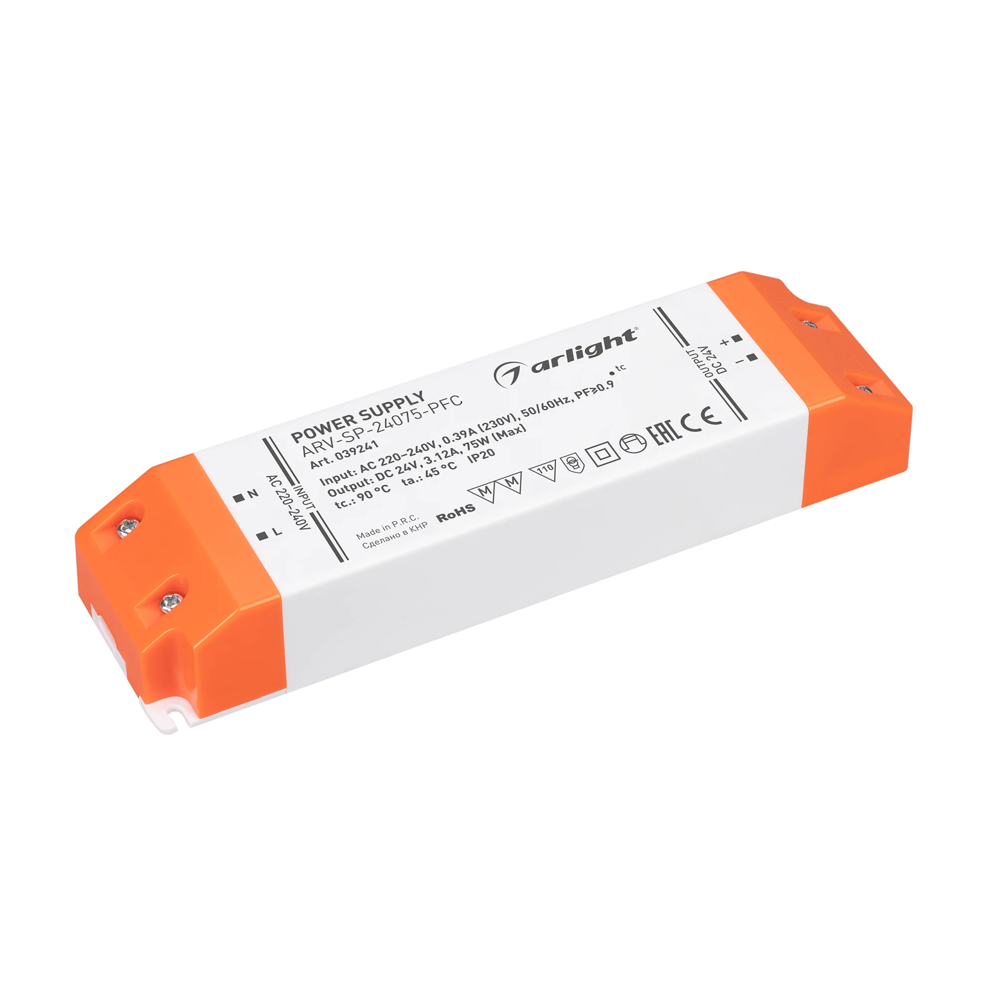 Блок питания ARV-SP-24075-PFC (24V, 3.12A, 75W) 039241 - Источник напряжения с гальванической развязкой для светодиодных изделий. Входное напряжение 220-240 VAC. Выходные параметры: 24 В, 3.12 А, 75 Вт. Встроенный PFC >0.9. Негерметичный пластиковый корпу