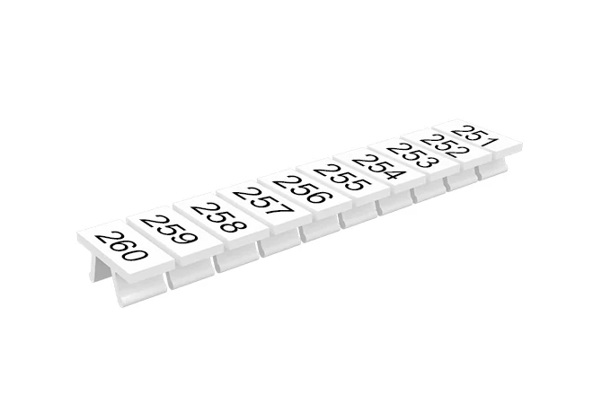 Маркировка 305801/251...260V - Маркировочные шильдики для клемм TU/TP/TC, сечением 2,5 мм кв., 10 шильдиков, нанесенные символы: 251…260, с вертикальным расположением, цвет белый