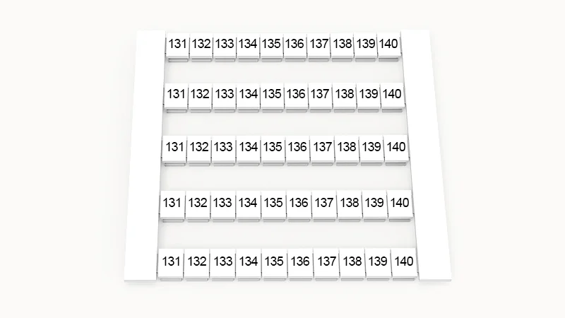 Марк. кассета DEK6-50P-19-121Z(H) - Кассета с шильдиками для клемм WS…, сечением 4 мм кв., боковая, 50 шильдиков, нанесенные символы: 131-140, 5 полосок, с вертикальным расположением, размер шильдика: 5,8х5,5 мм, цвет белый