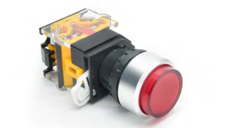 Кнопка  DT22M-FLH11/RD - Кнопка управления в сборе, с блокировкой, 24 - 380VAC / DC, 0,6 - 10A, без подсветки, высокая, 1NO1NC, цвет: красный, диаметр отверстия: 22 мм, металлическая обойма кнопки