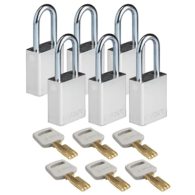 gws150278 - Замки SafeKey алюминиевые со стальной дужкой, высота дужки – 38 мм, диаметр дужки – 6.4 мм, алюминиевый корпус, размеры корпуса – 46х38х19 мм, цвет – серебристый, 6 шт/упак