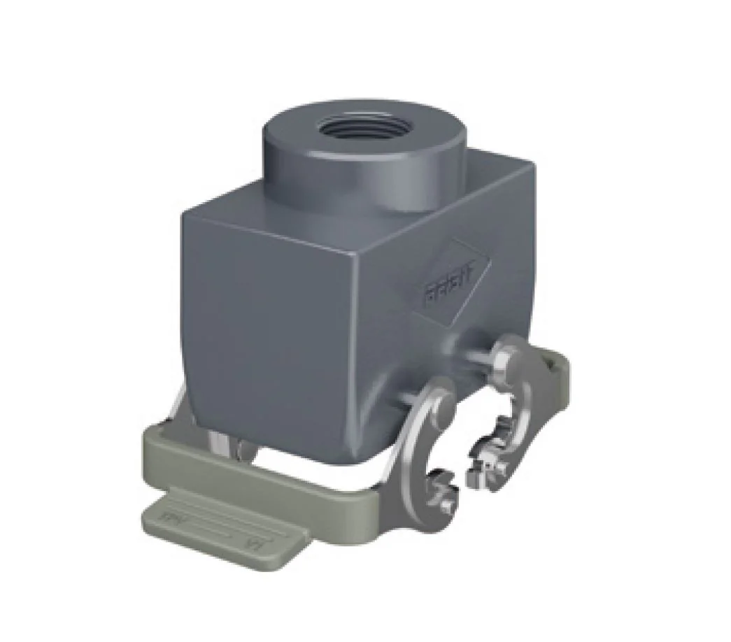 Крышка разъема H10B-TO-2L-PG21 - Крышка разъема на кабель, типоразмер 10B, стандартное исполнение, без уплотнителя, 1 отверстие с резьбой для кабельных вводов PG21, с верхним расположением, с двумя защелками, материал корпуса: алюминиевый сплав
