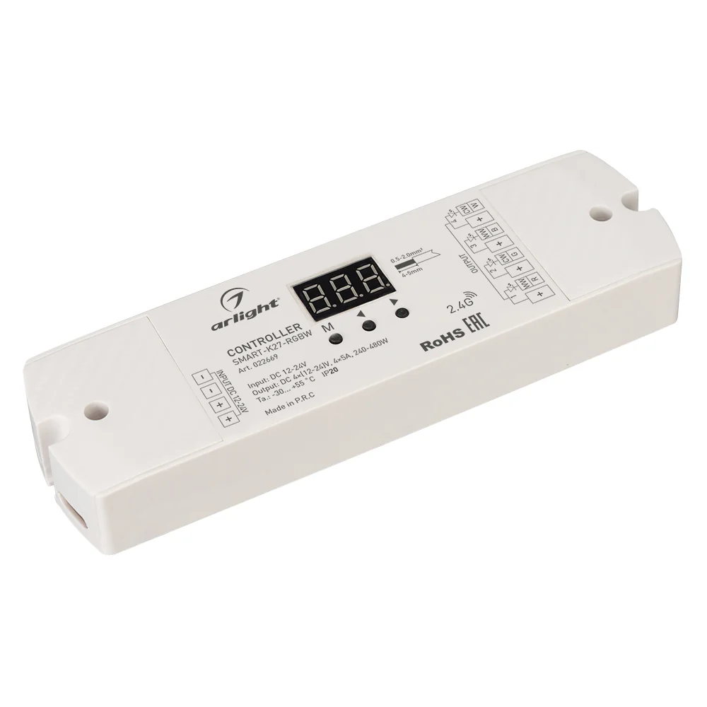 Контроллер SMART-K27-RGBW (12-24V, 4x5A, 2.4G) 022669 - Контроллер RGBW. Управление по радиоканалу 2.4 ГГЦ. Напряжение питания DC 12-24V. Выход: 4 канала, 5A/канал, 240-480W. Возможность автономной работы (без пульта), присутствует цифровой дисплей. Габар
