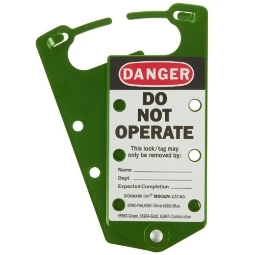 gws65963 - Множители замковые алюминиевые с этикетками «DANGER DO NOT OPERATE», «This energy source has been locked out», 191х76х4 мм, цвет – зеленый, 5шт/упак