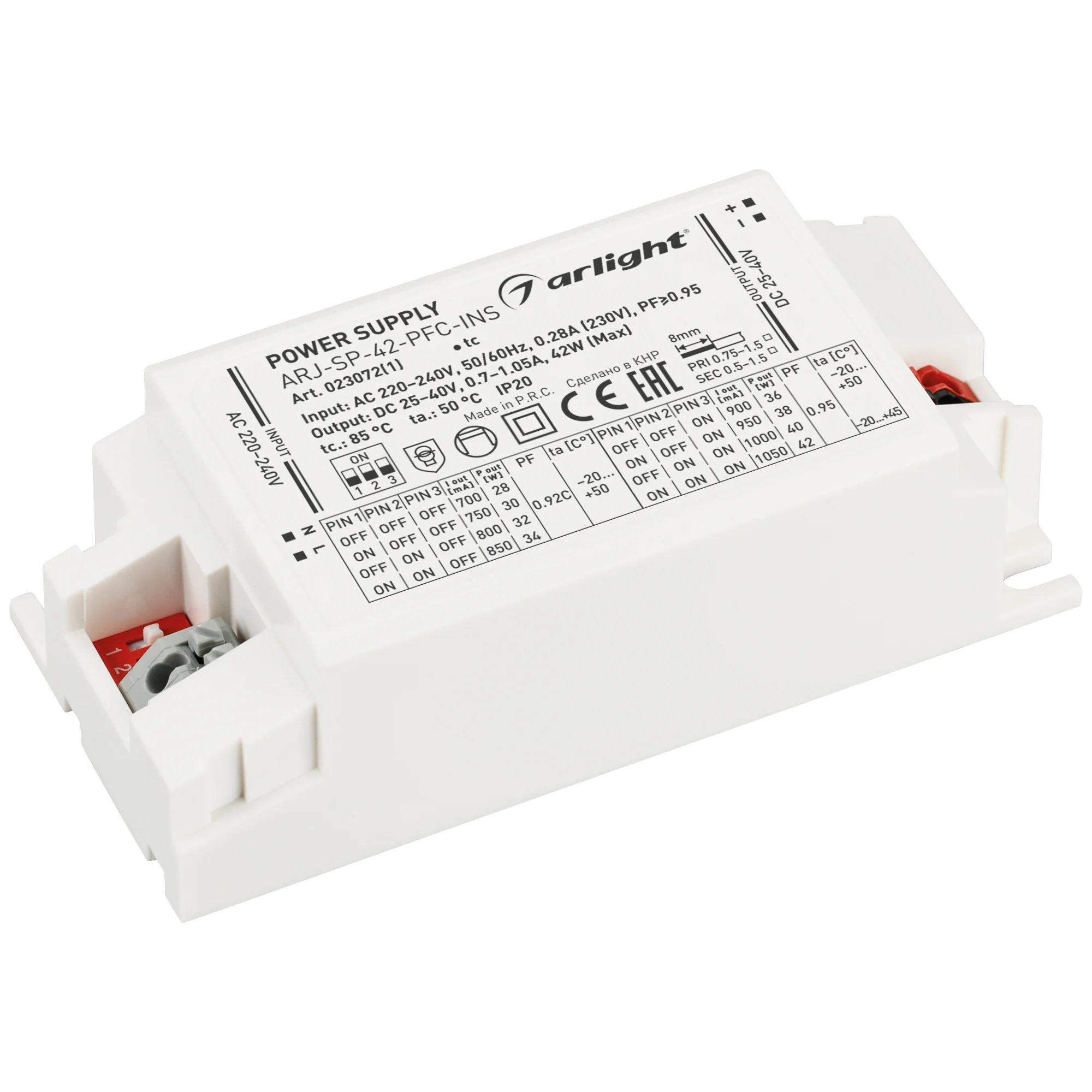 Блок питания ARJ-SP-42-PFC-INS (42W, 25-40V, 0.7-1.05A) 023072(1) - Регулируемый источник тока с гальванической развязкой для светильников и мощных светодиодов. Входное напряжение 220-240 VAC. Выходные параметры: 25-40 В, 700-1050 мА, 42 Вт. Встроенный PF