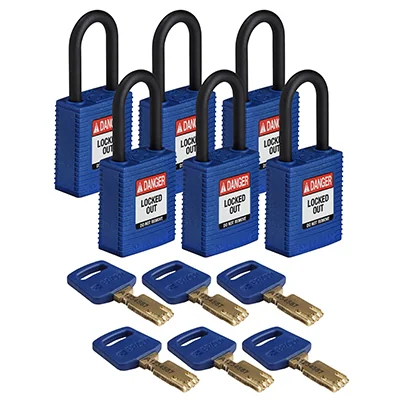 gws150221 - Замки SafeKey нейлоновые с пластиковой дужкой, высота дужки – 38 мм, диаметр дужки – 6.4 мм, нейлоновый корпус, размеры корпуса – 46х38х19 мм, цвет – синий, 6 шт/упак