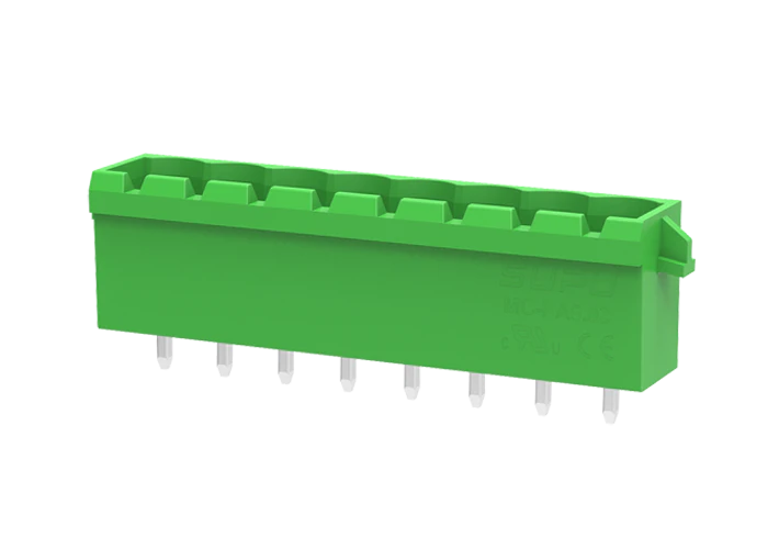 Вилочный разъем на плату MC-PA5.0V20-D-0002 - Вилочный разъем, вертикальный, на плату, шаг: 5.0 мм, 20 полюсов, фиксация на плате пайкой, исполнение: с упорами для защелок, 320V, 18A, цвет: зеленый