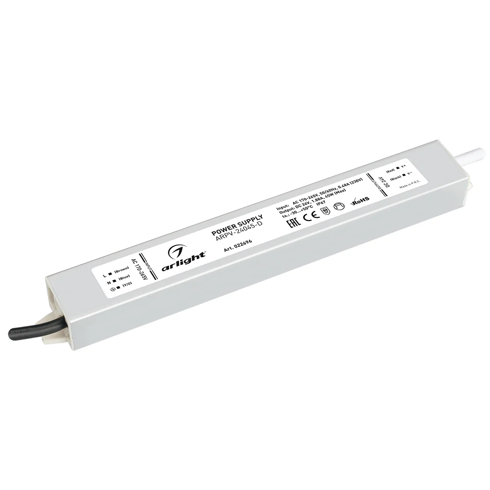 Блок питания ARPV-24045-D (24V, 1.9A, 45W) 022696 - Источник напряжения с гальванической развязкой для светодиодных изделий. Входное напряжение 170-265 VAC. Выходные параметры: 24 В, 1,88 А, 45 Вт. Встроенный PFC >0,5. Герметичный алюминиевый корпус IP 67