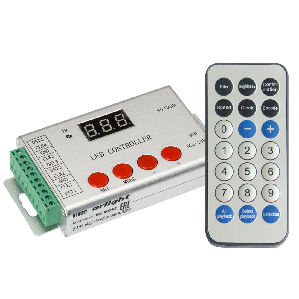 Контроллер HX-802SE-2 (6144 pix, 5-24V, SD-карта, ПДУ) 022992 - Контроллер для лент RGB «Бегущий огонь» и управляемых модулей, протокол SPI и DMX512. Функция записи адресов DMX микросхем. Напряжение 5–24 В, 4 выходных порта, до 6144 пикселей, запись прогр