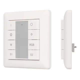 Панель Knob SR-2422K8-DT8 (DALI, RGBW, 1 зона) 022558 - Встраиваемая кнопочная белая пластиковая панель для работы по протоколу DALI. Включение/выключение, диммирование и управления цветом свечения (8 кнопок управления) для мультицветных светодиодных RGBW