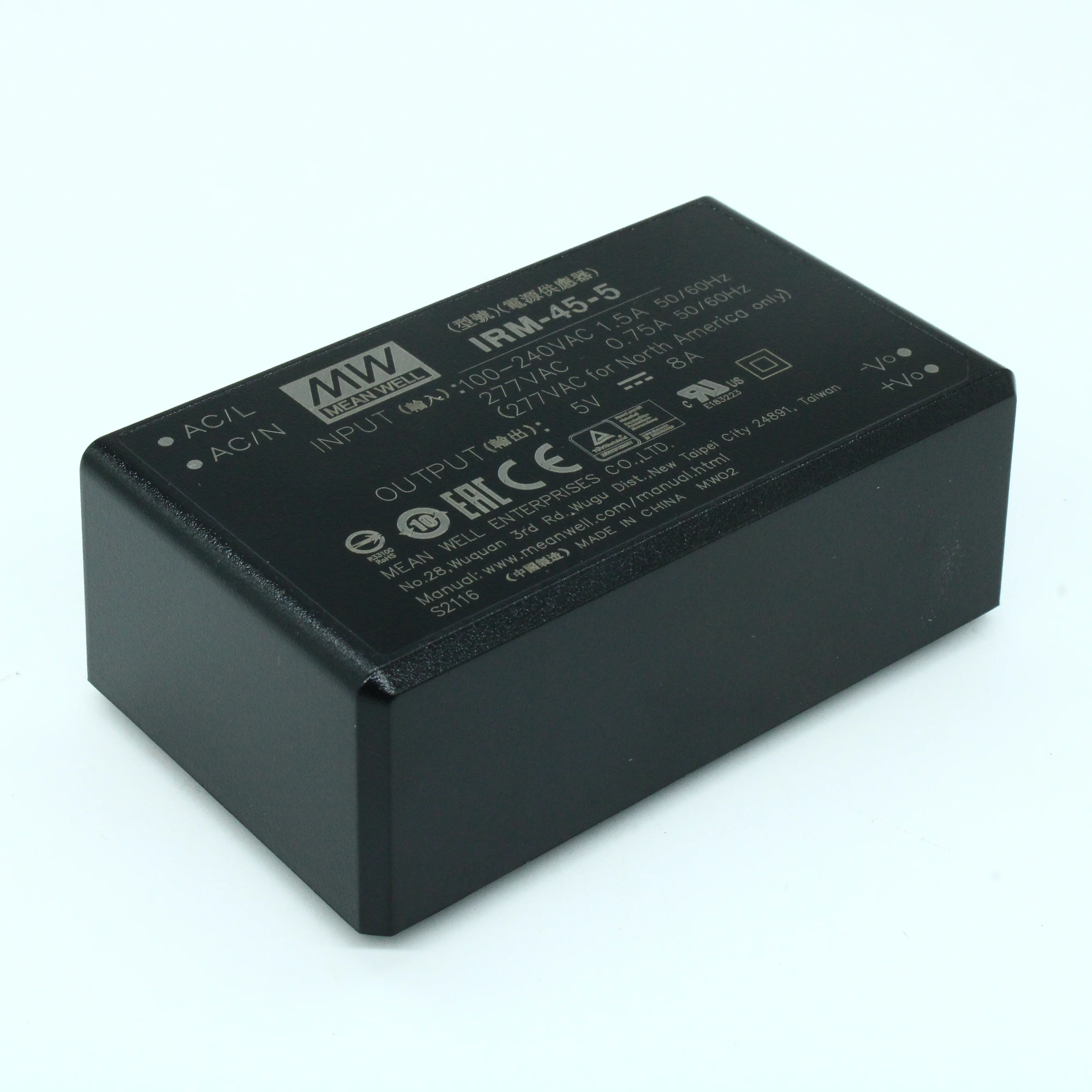 IRM-45-5 - AC-DC, 40Вт, вход 85...305В AC 47...440 Гц, 120...430B DC, выход 5В/8А, изоляция 3000В AC, в корпусе на плату 87x52x29.5мм, -30...+70°C