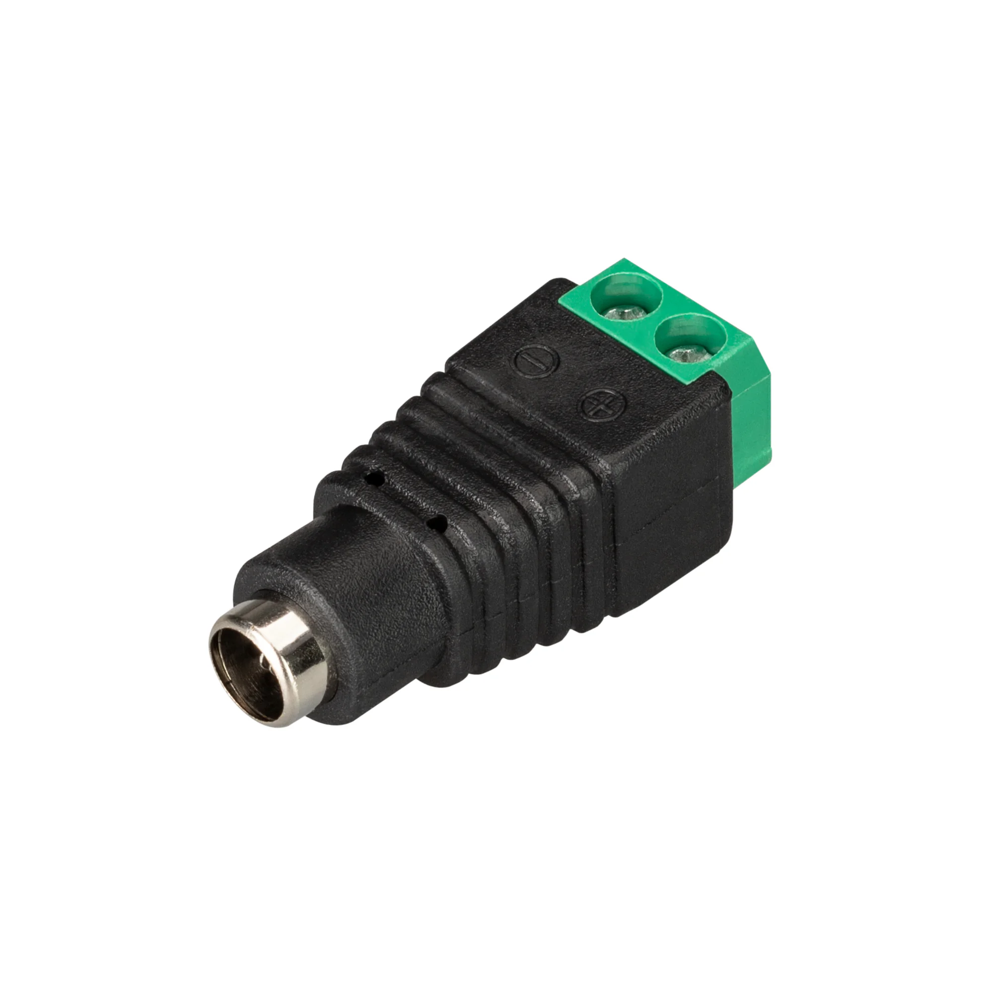 Коннектор Terminal-MONO-2pin-F (Jack 5.5) 018058(1) - Клеммная колодка с DC-входом 5.5мм (напряжение не выше 48В), для быстрого подключения светодиодных лент к сетевым адаптерам. Одна сторона - клеммная колодка для провода (от ленты), другая сторона - DC-