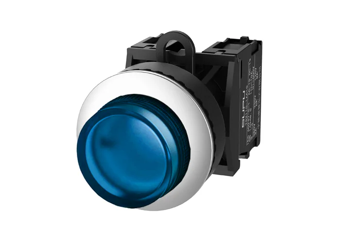Кнопка выпуклая (синяя) TS2527-0DM40-R20 - Кнопка круглая выпуклая, без блокировки, LED AC 220V, алюминиевое переднее кольцо, с плавным нажатием, с контактной группой 2NO, диаметр головки кнопки 29,5 мм, диаметр посадочного отверстия: 22 мм, цвет: синий