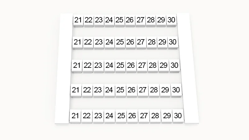 Марк. кассета DEK6-50P-19-06Z(H) - Кассета с шильдиками для клемм WS…, сечением 4 мм кв., боковая, 50 шильдиков, нанесенные символы: 21-30, 5 полосок, с вертикальным расположением, размер шильдика: 5,8х5,5 мм, цвет белый