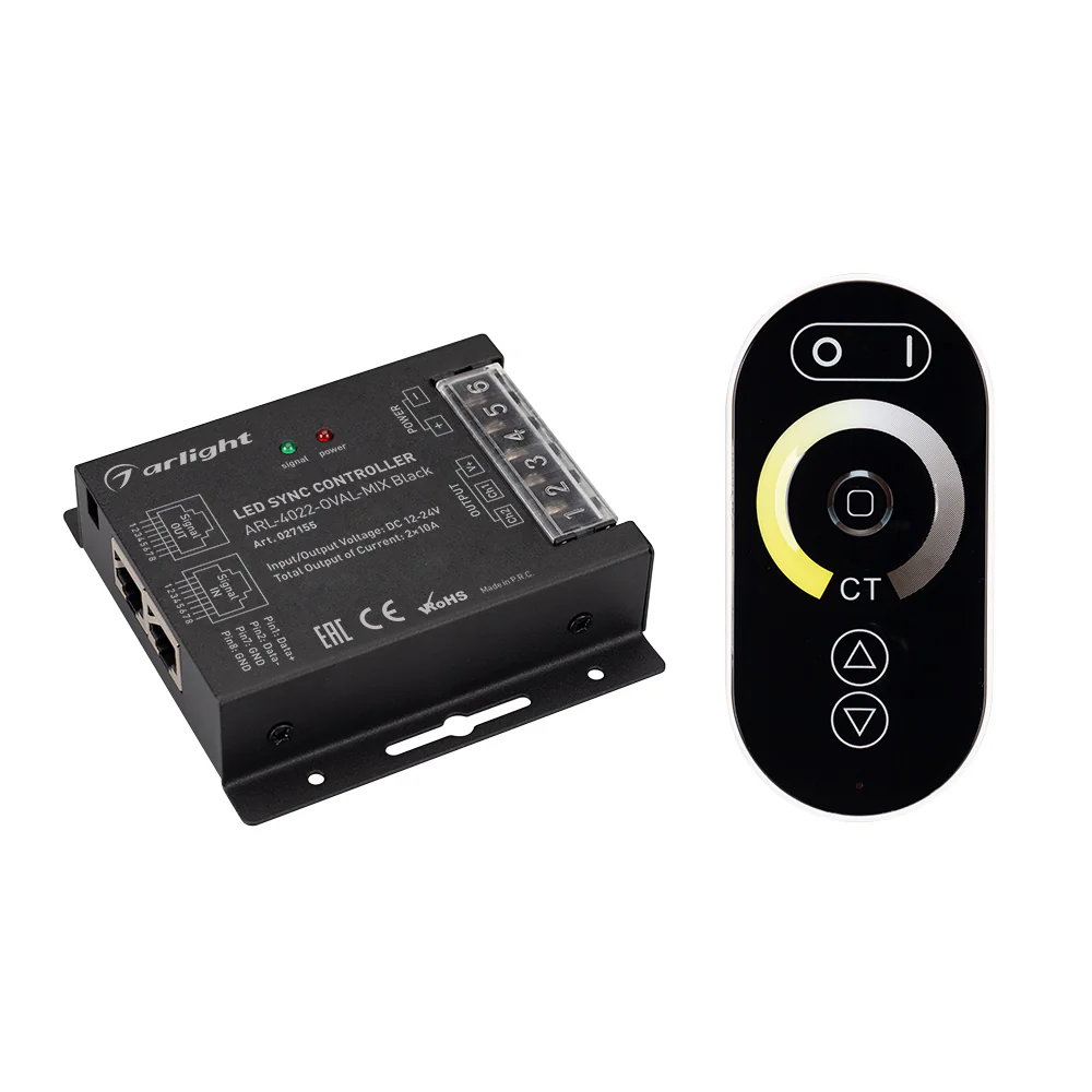Контроллер ARL-4022-OVAL-MIX Black (12-24V, 2x10A, ПДУ, RF) 027155 - 2-канальный MIX контроллер с радиопультом черного цвета. Управление с помощью кнопок и сенсорного кольца. Питание 12-24VDC, макс.ток 2х10A, максимальная мощность 240-480W. Габариты контр