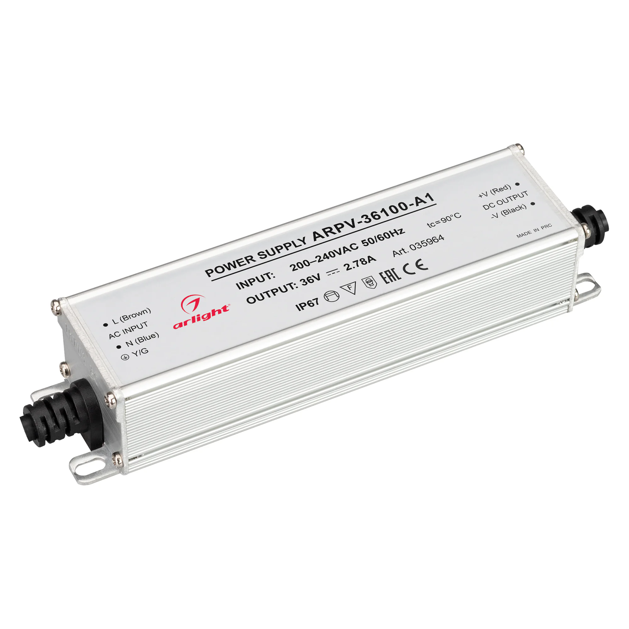 Блок питания ARPV-36100-A1 (36V, 2.78A, 100W) 035964 - Источник напряжения с гальванической развязкой для светодиодных изделий. Входное напряжение 200-240 VAC. Выходные параметры: 36 В, 2,78 А, 100 Вт. Встроенный PFC >0,5. Герметичный алюминиевый корпус I