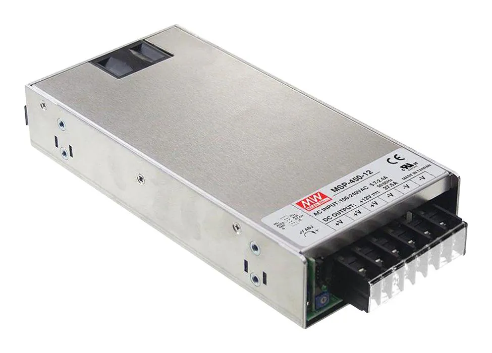 MSP-450-15 - AC-DC, med, ККМ, 450Вт, вход 85…264В AC, 47…63Гц /120…370В DC, выход 15В/30A,  рег. вых 13.5…18В, изоляция 4000В AC, в кожухе 218х105х41мм, -40…+70°С, доп. выход 5В/0.3А